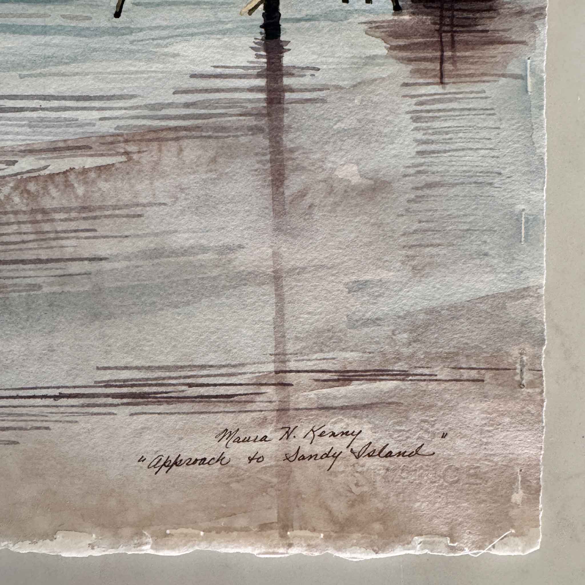 Detail of Approach to Sandy Island by local artist Maura Kenny, showing signature, watercolor texture, and deckled paper edge in an original Lowcountry landscape artwork available at Gray Man Gallery in Pawleys Island, South Carolina
