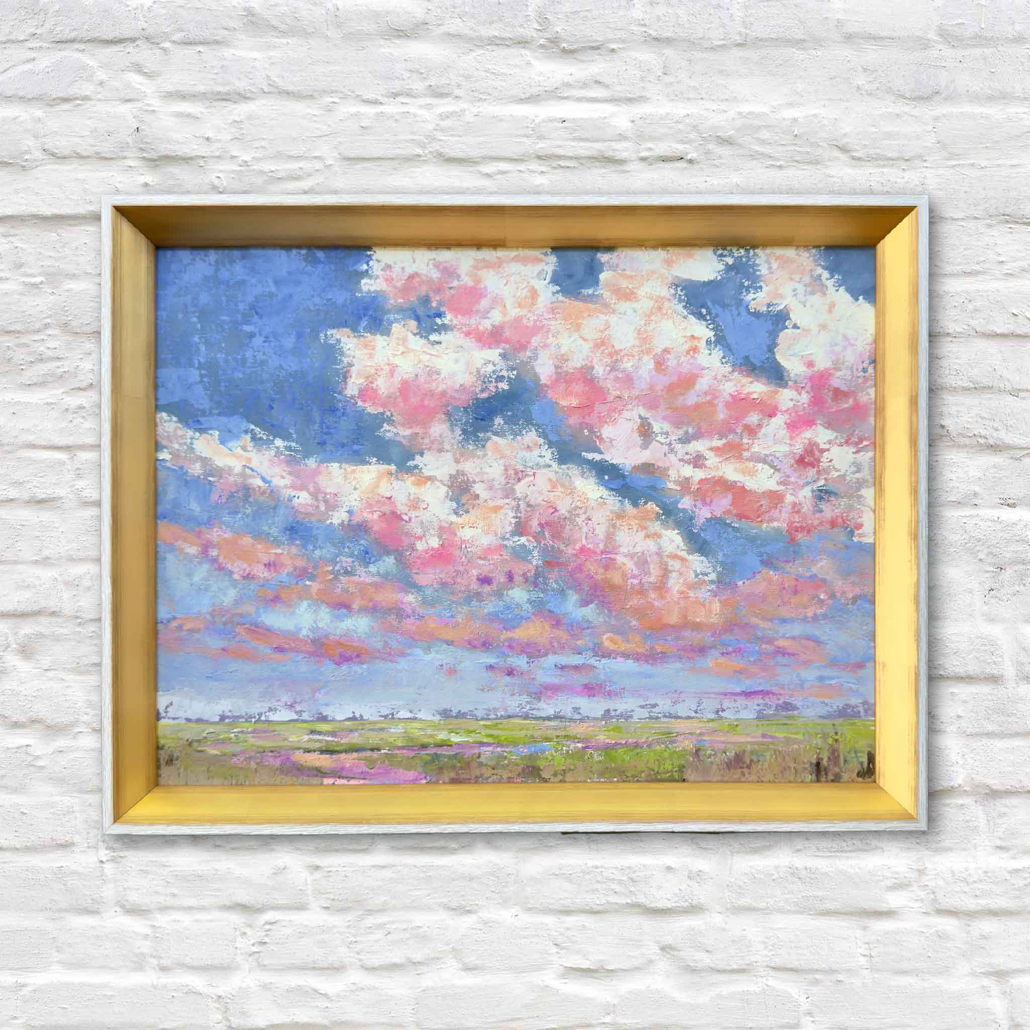Beneath the Blushing Sky original oil painting by Jeanne O’Neal framed in signature gold frame featuring Lowcountry marsh sunset at Gray Man Gallery in Pawleys Island South Carolina