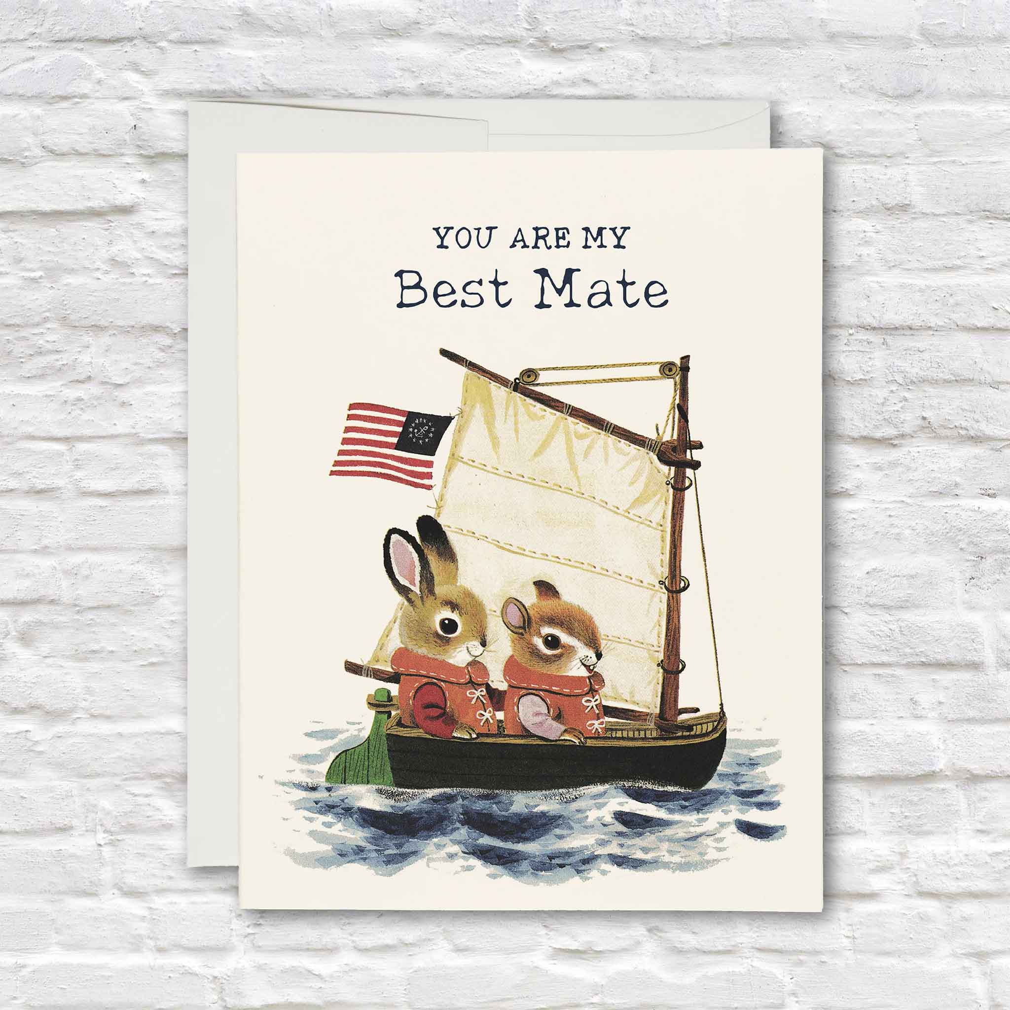 Richard Scarry Best Mate greeting card featuring two Busytown friends sailing together in a small sailboat, creating a nostalgic friendship and love card available at Gray Man Gallery in Pawleys Island, South Carolina.