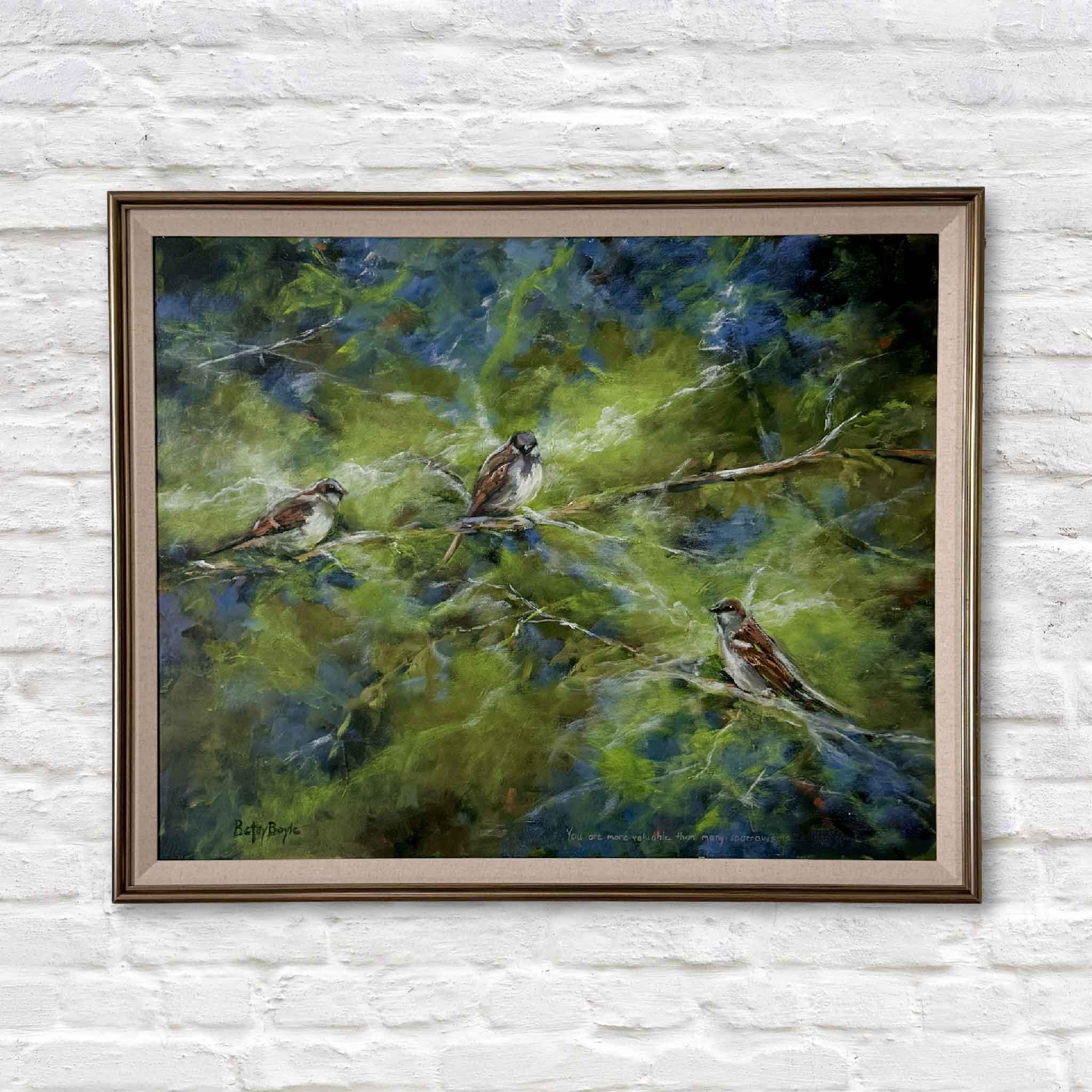 Original acrylic painting Sold for a Penny by Betsy Boyle, featuring three sparrows on branches in soft blue and green tones, professionally framed and displayed at Gray Man Gallery.