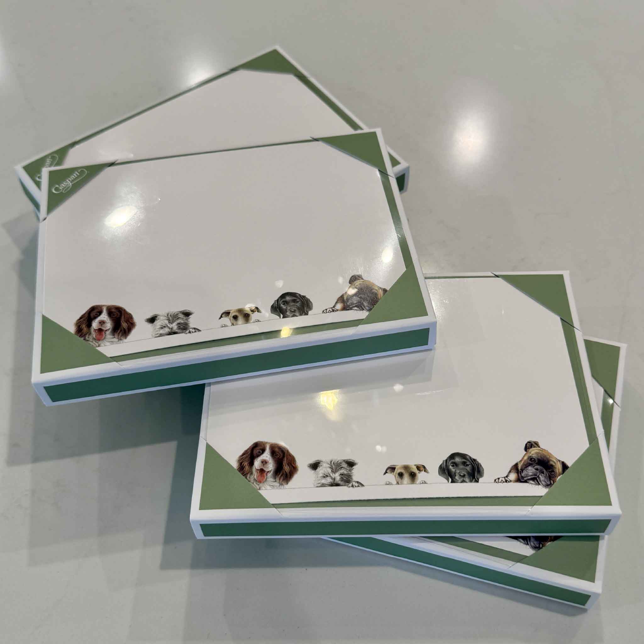 Caspari Doggies correspondence card set packaged in the brand's signature reusable envelope-style box. Featuring playful Bob Bowdige dog illustrations, the boxed stationery set includes 12 flat correspondence cards and 12 coordinating envelopes, available at Gray Man Gallery.