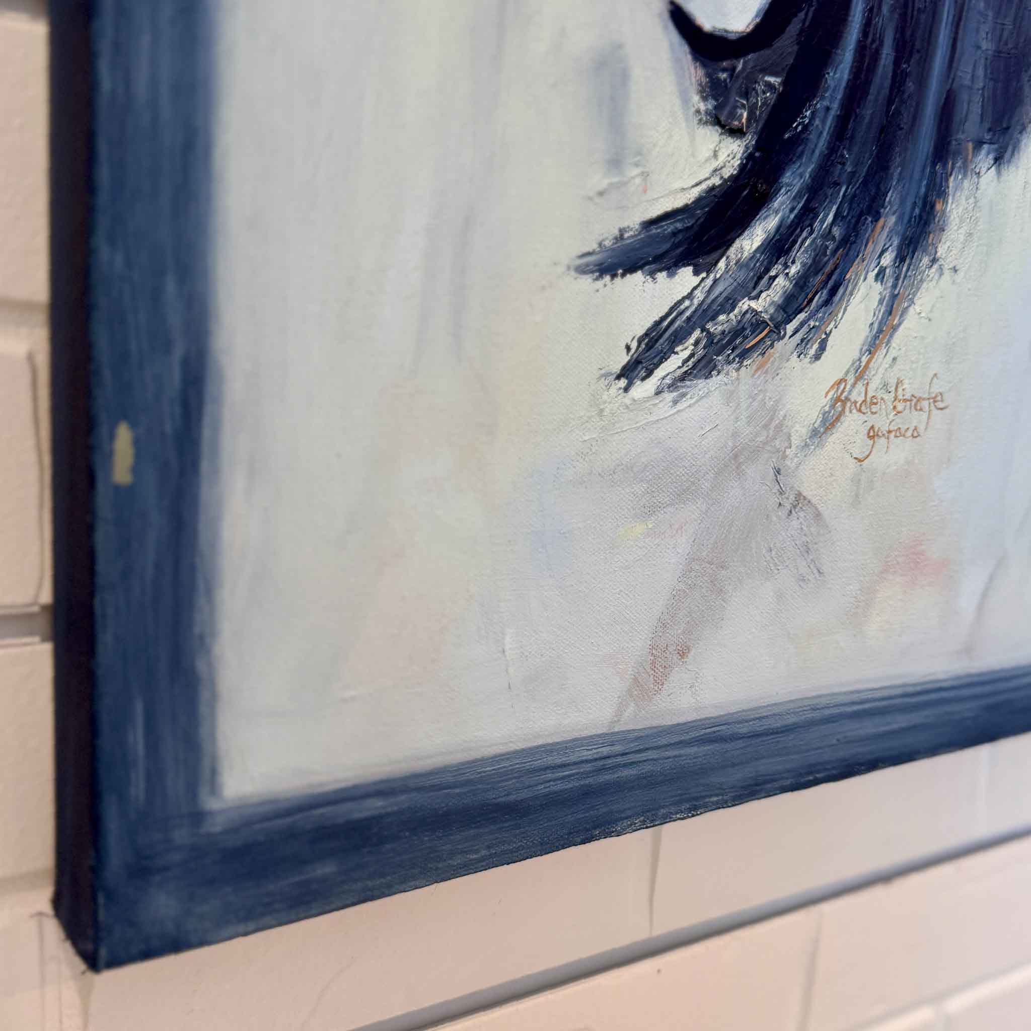 Close up detail of Amen by Braden Grafe showing textured oil brushwork and hand painted edge on gallery wrapped canvas, subtle neutral background with blue heron coastal artwork at Gray Man Gallery