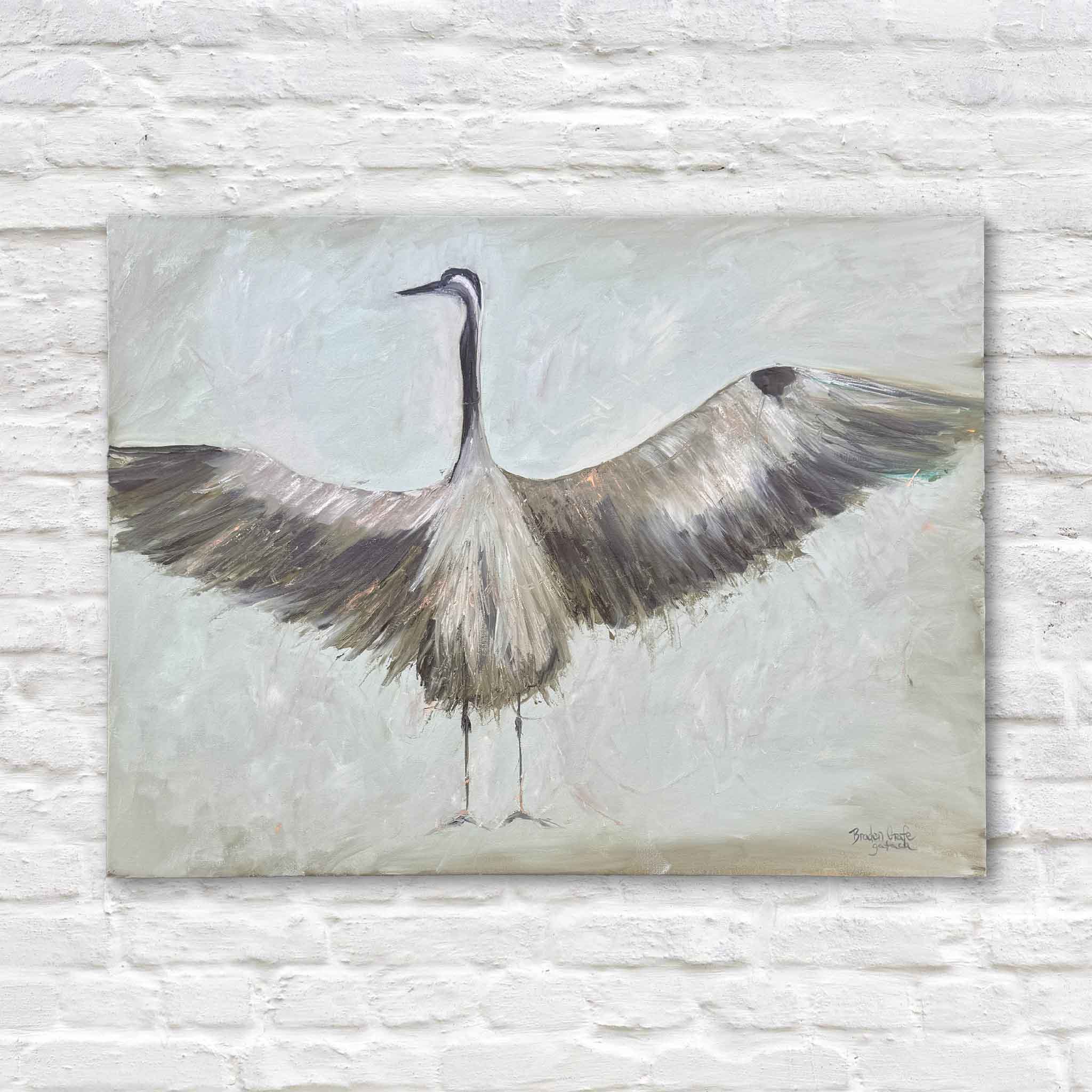 Braden Grafe original oil painting Wings of the Dawn featuring a great blue heron with wings fully extended in a balanced frontal composition, painted in layered neutral tones of gray, green, and soft blue on gallery wrapped canvas at Gray Man Gallery in Pawleys Island showcasing contemporary Lowcountry coastal artwork