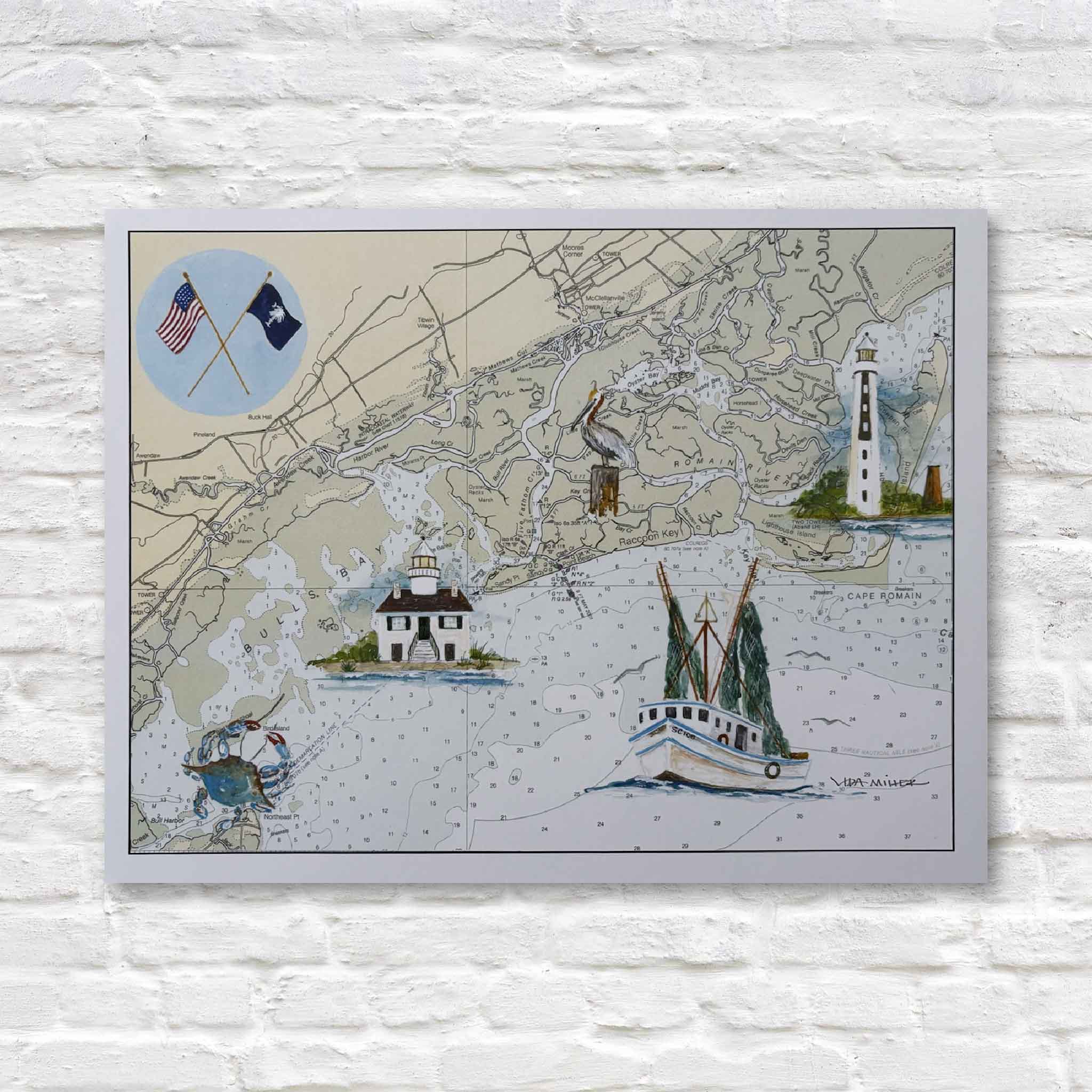 Bulls Bay Map by local artist Vida Miller featuring Cape Romain Lighthouse, Raccoon Key Light, a McClellanville shrimp boat, blue crab, and vintage nautical chart artwork of South Carolina's Lowcountry coast.