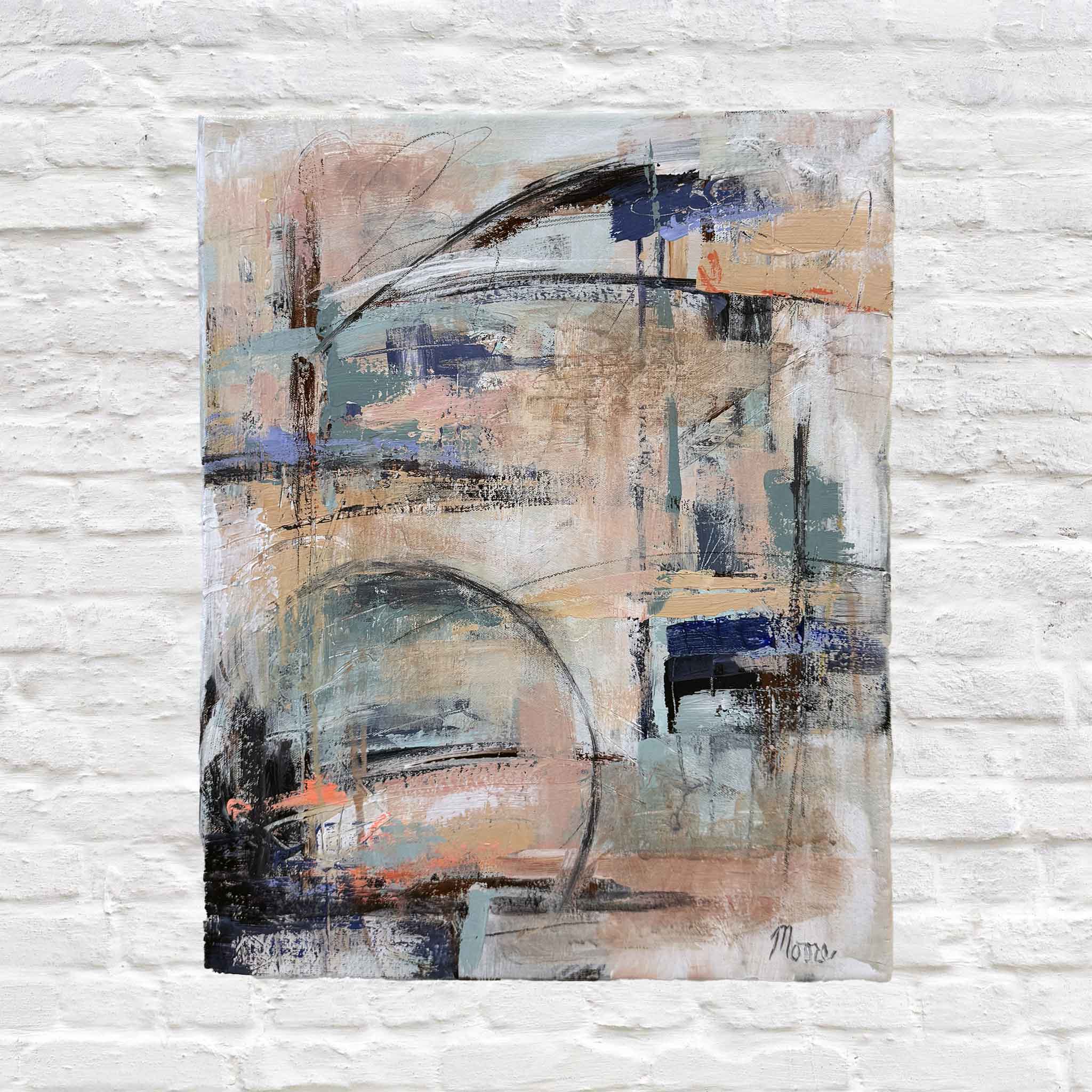 Caribbean Sunrise original acrylic painting by local artist Susan Moore featuring abstract coastal colors of peach, blue, and sand on gallery-wrapped canvas at Gray Man Gallery