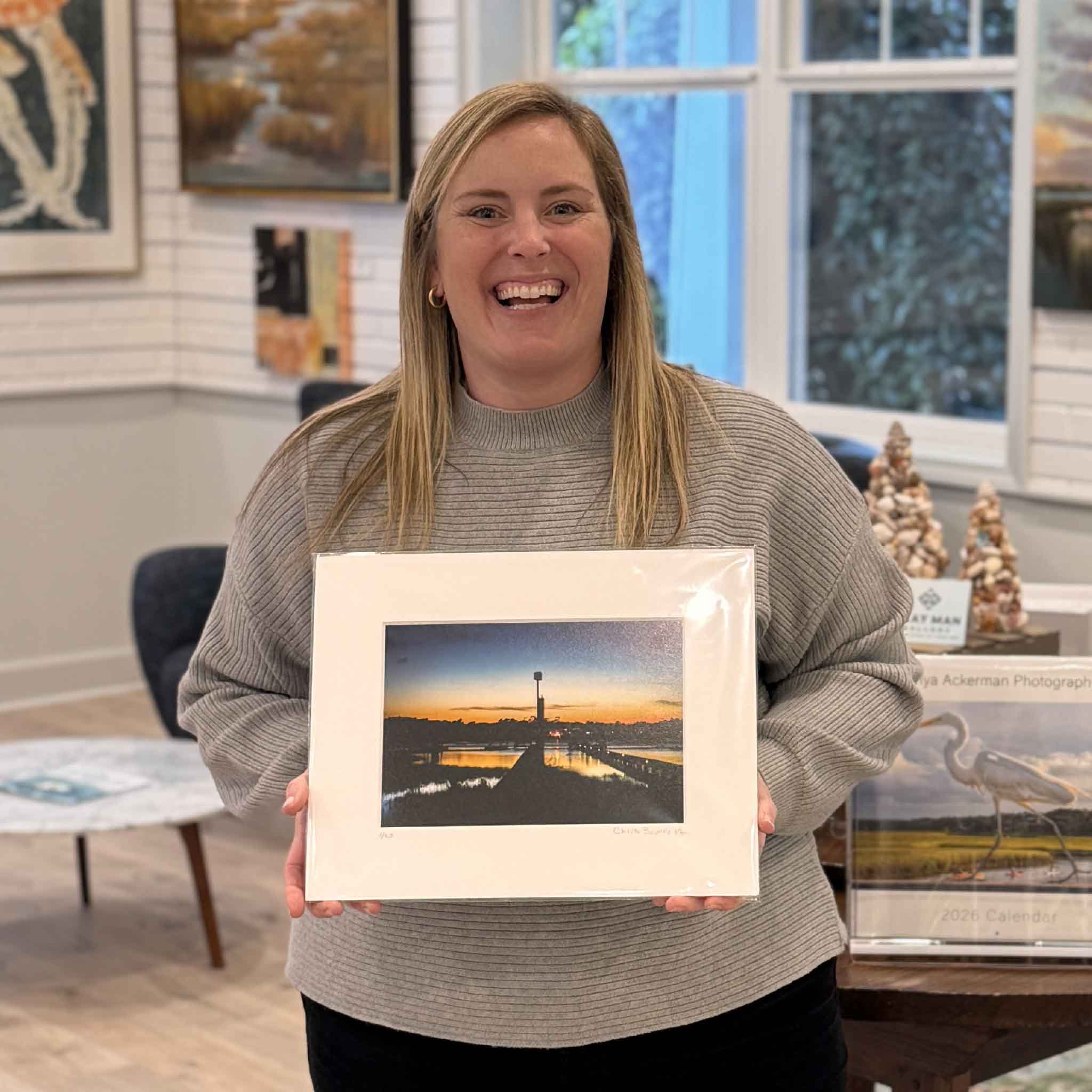 Chris Bruner fine art photography displayed at Gray Man Gallery in Pawleys Island, showing 11x14 Carolina #116 as a signed and numbered matted photograph ready for framing, surrounded by other local coastal artwork.