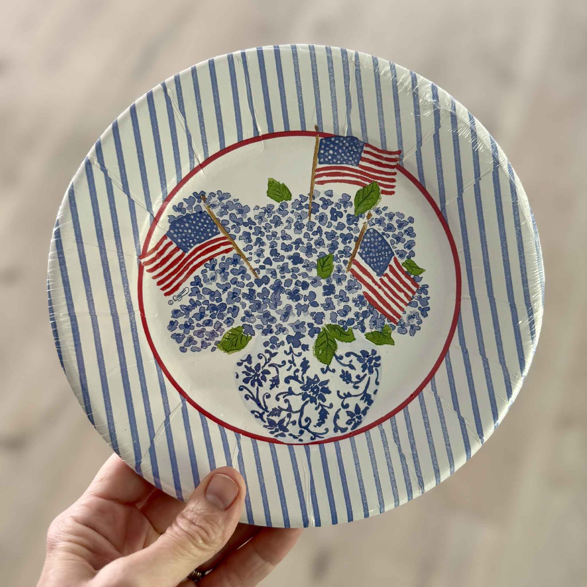 A hand holding a sealed package of Caspari Americana Flags & Hydrangeas salad and dessert plates featuring patriotic blue hydrangeas, American flags, and a blue striped border designed by Lindsay Brackeen. Each package contains eight premium 8-inch plastic-coated paper plates made in the USA, available at Gray Man Gallery in Pawleys Island, South Carolina for patriotic entertaining, summer parties, and coastal celebrations.