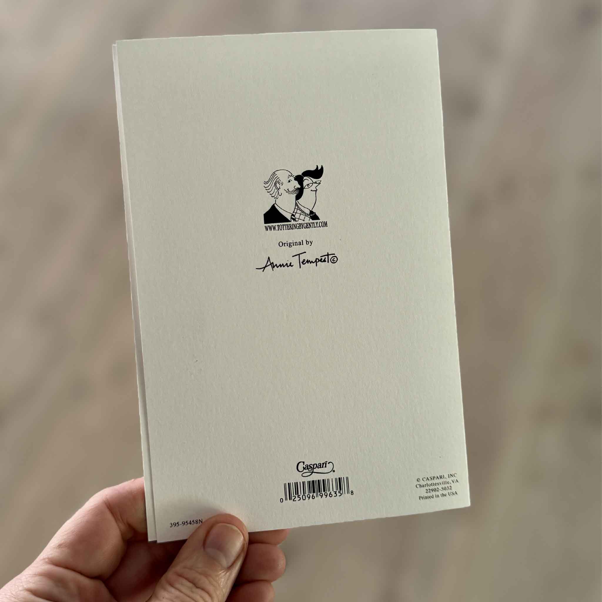 Back of a folded Caspari greeting card featuring artwork by Annie Tempest, showing the artist credit, Caspari branding, and publisher information. Printed in the USA on premium heavyweight paper and available at Gray Man Gallery in Pawleys Island, South Carolina.