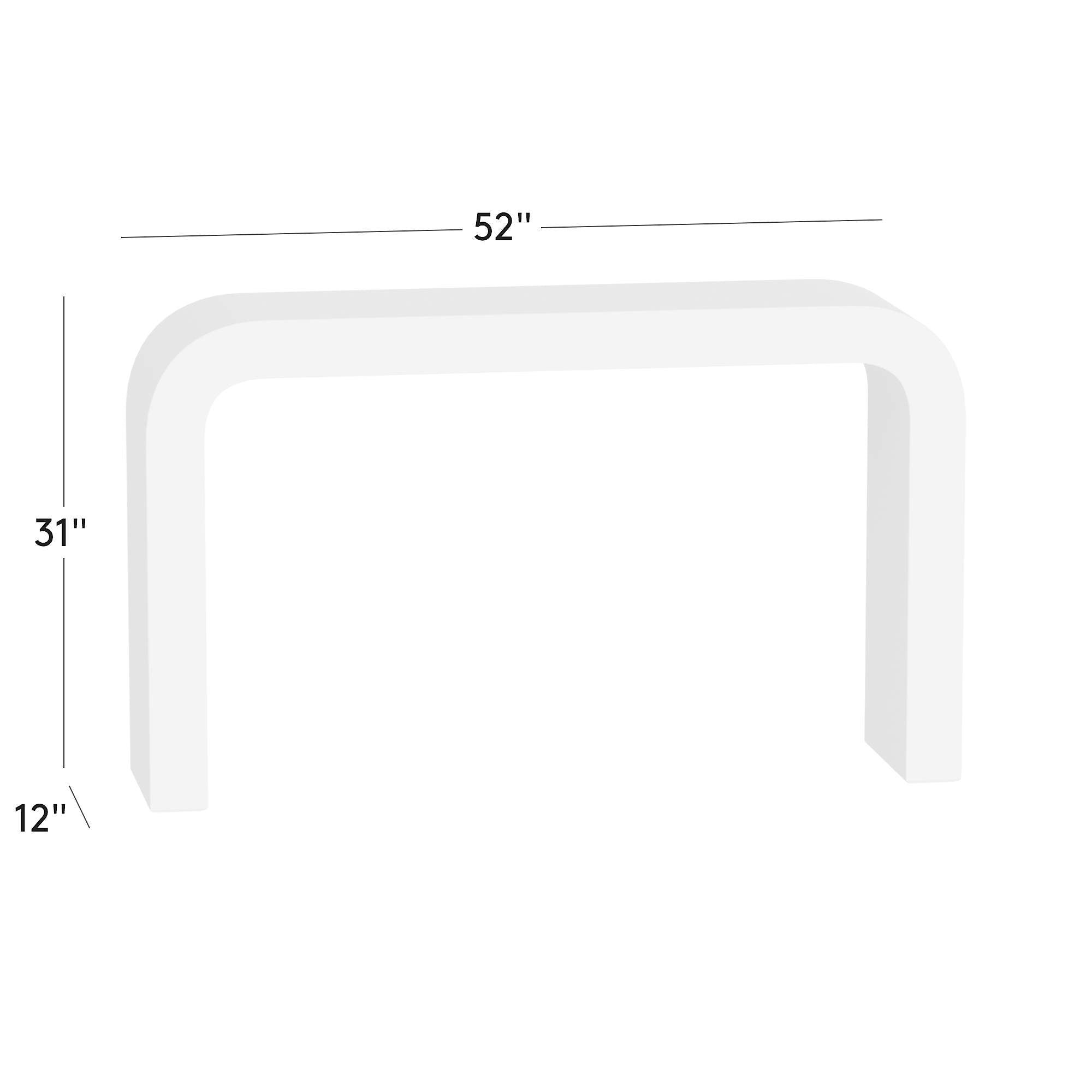 Dimension diagram showing measurements for CB2 Crescent 52 inch ivory resin console table including width height and depth specifications for entryway or sofa placement