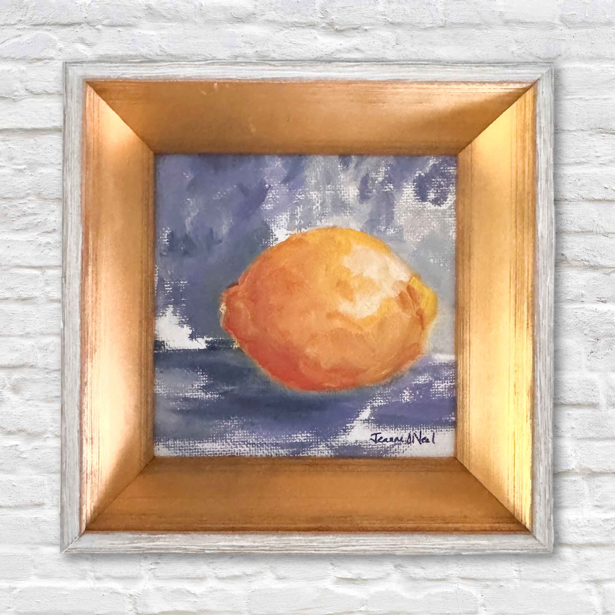 Primary product image of “Citrus Light,” a 4x4 framed original oil painting by Jeanne O’Neal, local South Carolina artist at Gray Man Gallery in Pawleys Island. The lemon still life showcases expressive brushwork, rich citrus tones, and a classic gold frame, highlighting this collectible Lowcountry artwork.