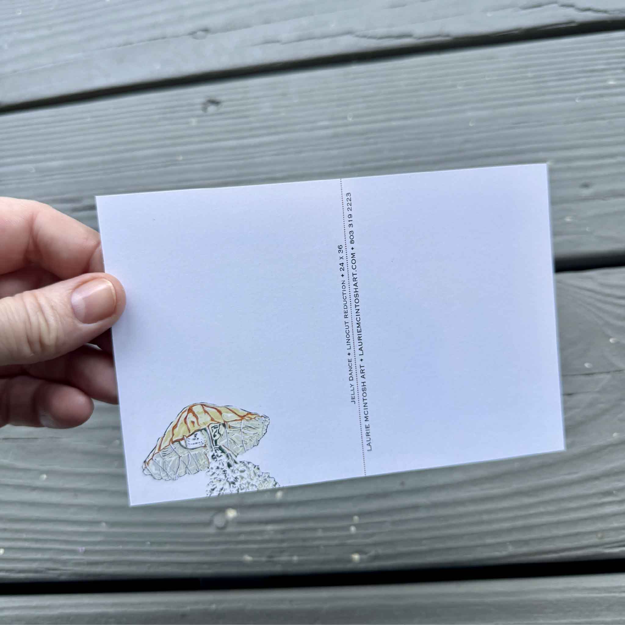 Set of five Laurie McIntosh postcards featuring Jelly Dance, Git Dat Net, Nelli Pelli, A Dozen Happy Hounds, and White Pelicans from her original linocut reduction series, printed on matte cardstock.