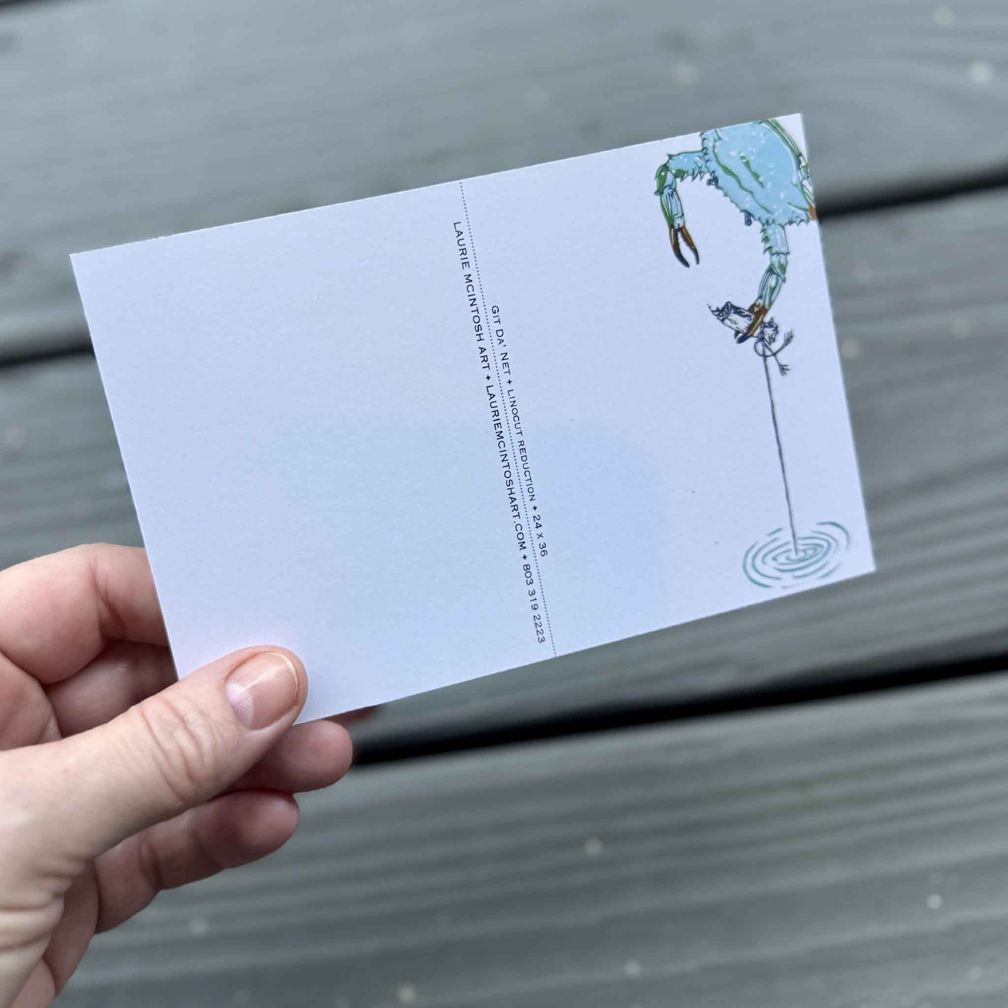 Set of five Laurie McIntosh postcards featuring Jelly Dance, Git Dat Net, Nelli Pelli, A Dozen Happy Hounds, and White Pelicans from her original linocut reduction series, printed on matte cardstock.