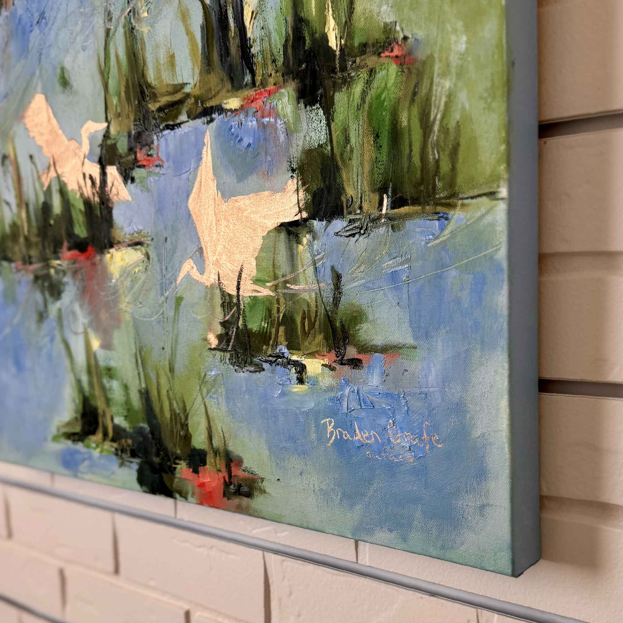 Close-up detail of “Delight” original oil painting by Braden Grafe showing textured brushwork, golden birds, marsh reflections, and artist signature at Gray Man Gallery