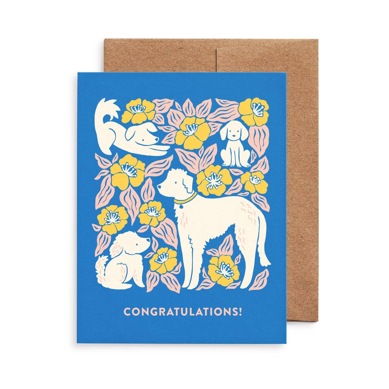 Congratulations greeting card by Chrissie Van Hoever featuring playful dogs surrounded by cheerful yellow flowers on a vibrant blue background. Blank inside and printed on recycled paper, this whimsical card is available at Gray Man Gallery in Pawleys Island, South Carolina.