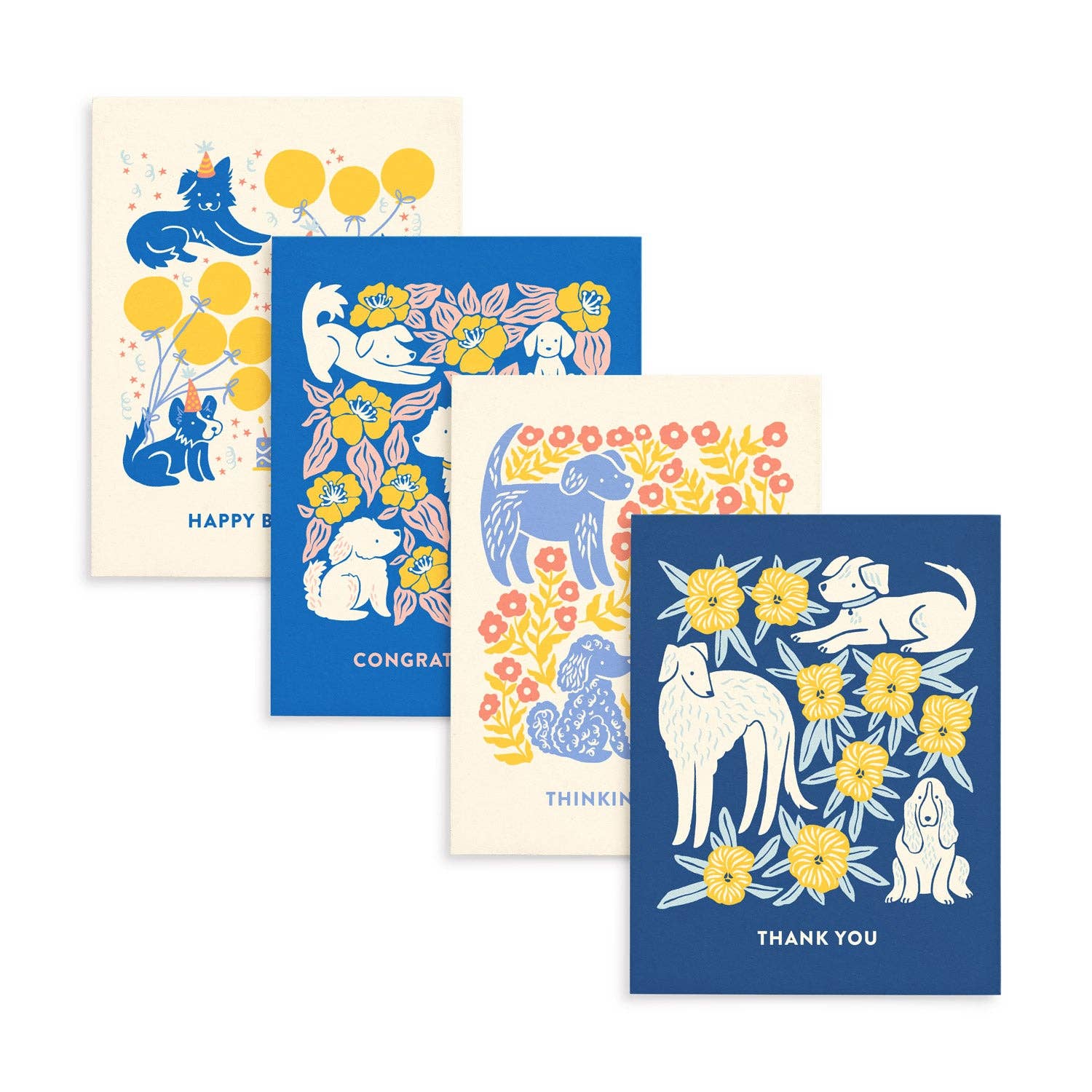 Four greeting card designs from the Dogs All-Occasion Greeting Card Boxed Set by Chrissie Van Hoever, featuring playful dog illustrations for thank you, thinking of you, happy birthday, and congratulations occasions. Available at Gray Man Gallery in Pawleys Island, South Carolina.