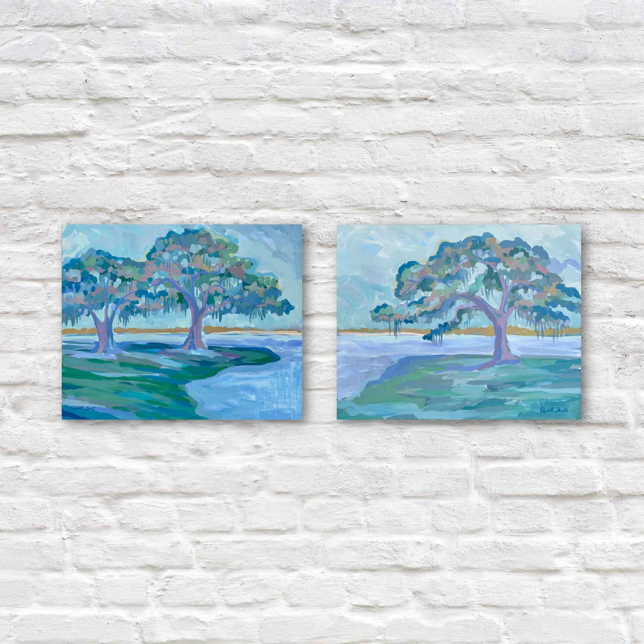 Live Oak Diptych I and II by Elizabeth Sheats displayed side by side horizontally at Gray Man Gallery forming a continuous Lowcountry scene with live oak trees, marsh water, and soft coastal colors