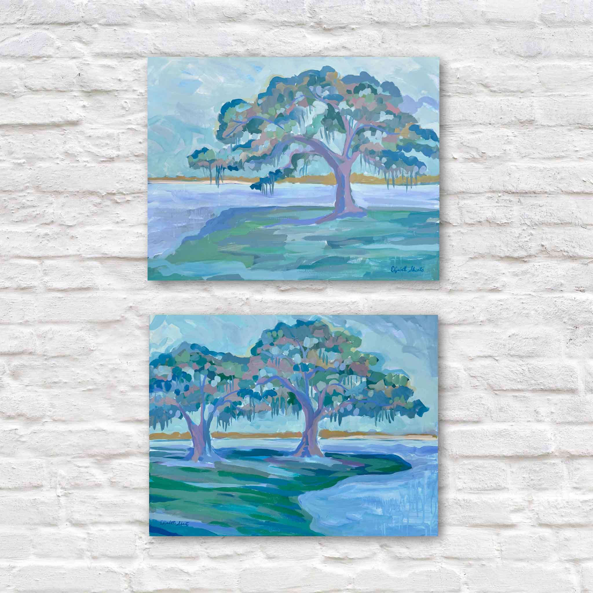 Live Oak Diptych I and II by local artist Elizabeth Sheats displayed together vertically at Gray Man Gallery showing two coordinating Lowcountry live oak paintings with Spanish moss and coastal water views