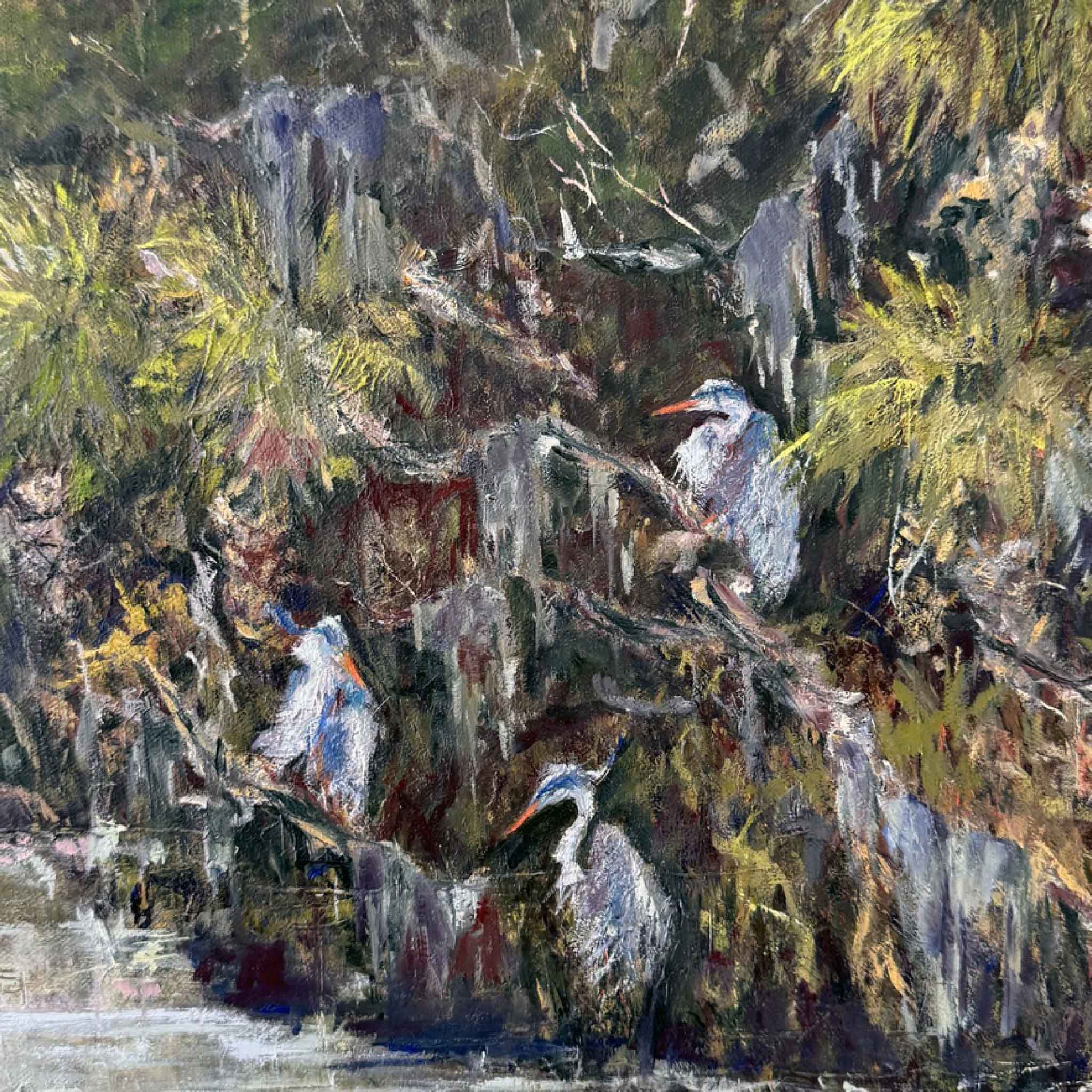 Detail of Evening Companions original oil painting by Jeanne O’Neal, showing blue herons among marsh grasses and Spanish moss in a South Carolina Lowcountry dusk scene. At Gray Man Gallery.