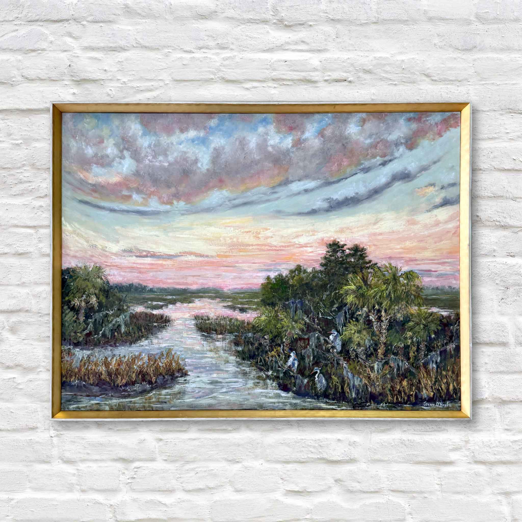 Framed view of “Evening Companions,” an original oil painting by local artist Jeanne O’Neal, shown as a framing reference at Gray Man Gallery