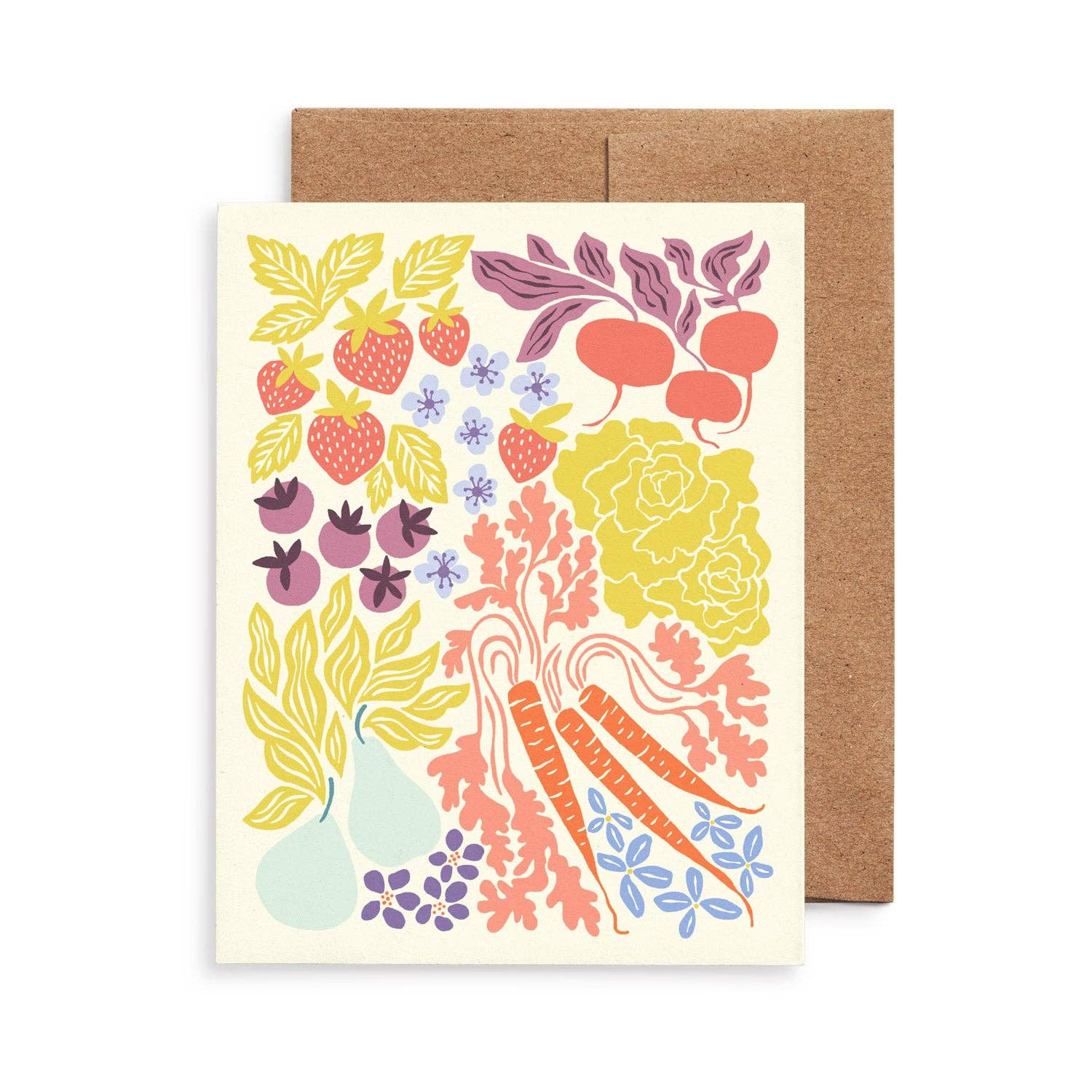 Farmer's Market greeting card from the boxed collection by Chrissie Van Hoever displayed with a recycled kraft envelope, featuring colorful illustrations of fruits, vegetables, and flowers. Available at Gray Man Gallery in Pawleys Island, South Carolina.