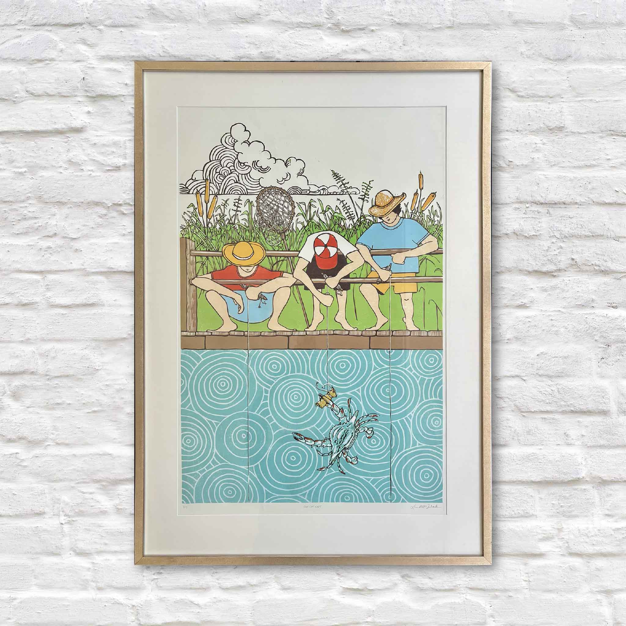 "Git Da' Net," an award-winning reduction linocut by Laurie Brownell McIntosh, professionally matted and framed at Gray Man Gallery. The artwork depicts children crabbing from a dock in a nostalgic Lowcountry summer scene and earned First Place at the South Carolina State Fair.