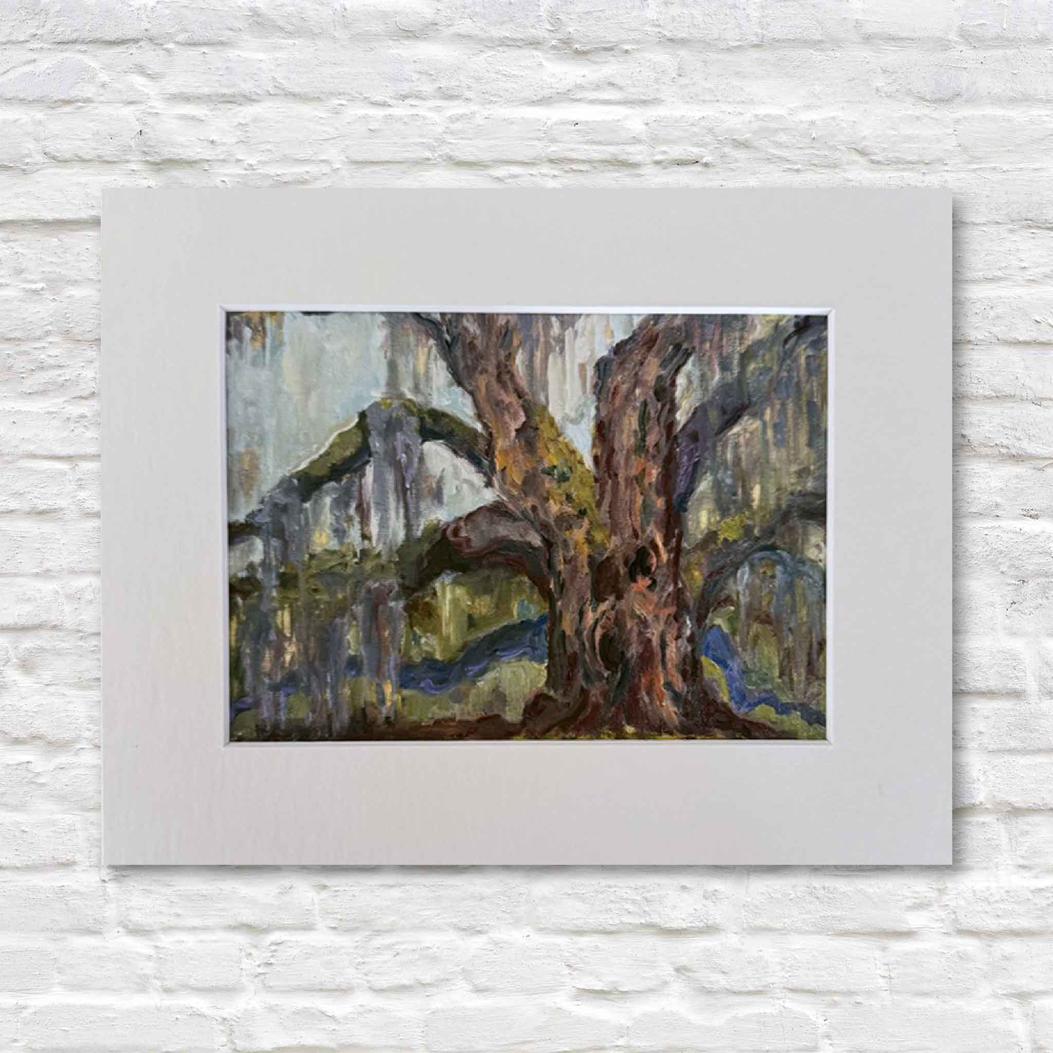 Graceful Rest fine art print by Jeanne O’Neal featuring a Southern live oak tree with Spanish moss, inspired by Lowcountry landscapes, available at Gray Man Gallery Pawleys Island SC