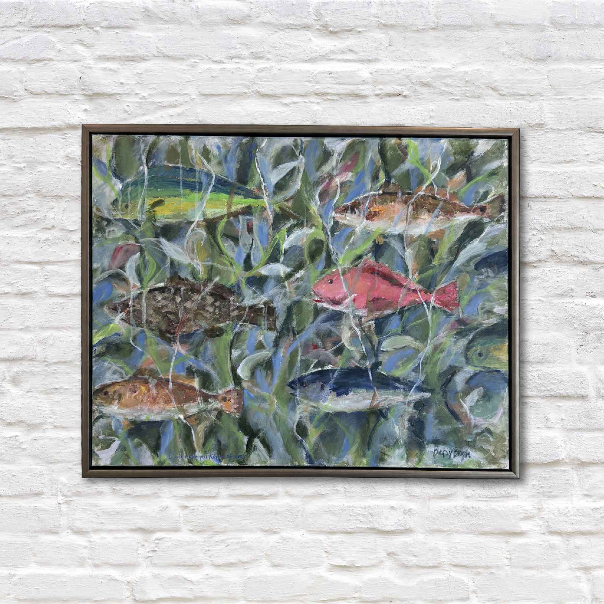 Fishers of Men, an original acrylic painting by Betsy Boyle, depicting schools of fish moving through layered underwater marsh grasses in a dynamic Lowcountry coastal scene, custom framed and available at Gray Man Gallery.