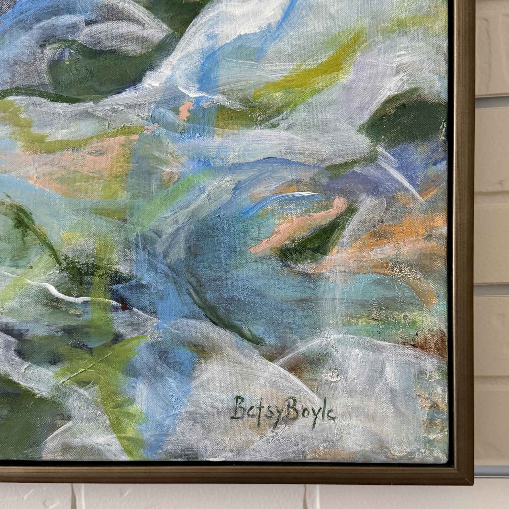 Close-up detail of Never in a Frenzy by Betsy Boyle highlighting expressive oil brushwork, layered coastal colors, and the artist’s signature, framed by Gray Man Gallery.