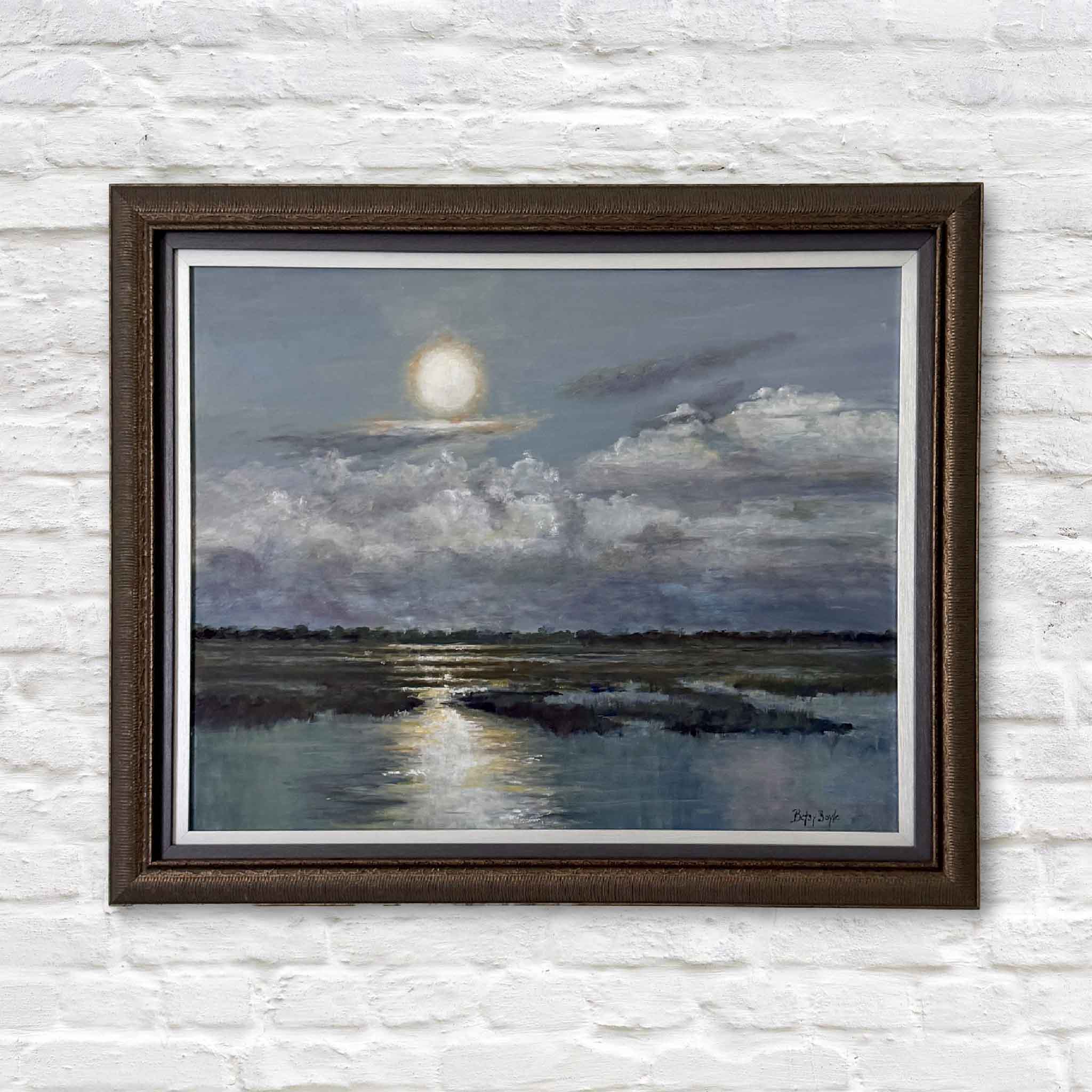 Original oil painting Night Is As Day by Betsy Boyle, featuring a moonlit Lowcountry marsh with reflective water, layered clouds, and custom framing by Gray Man Gallery.