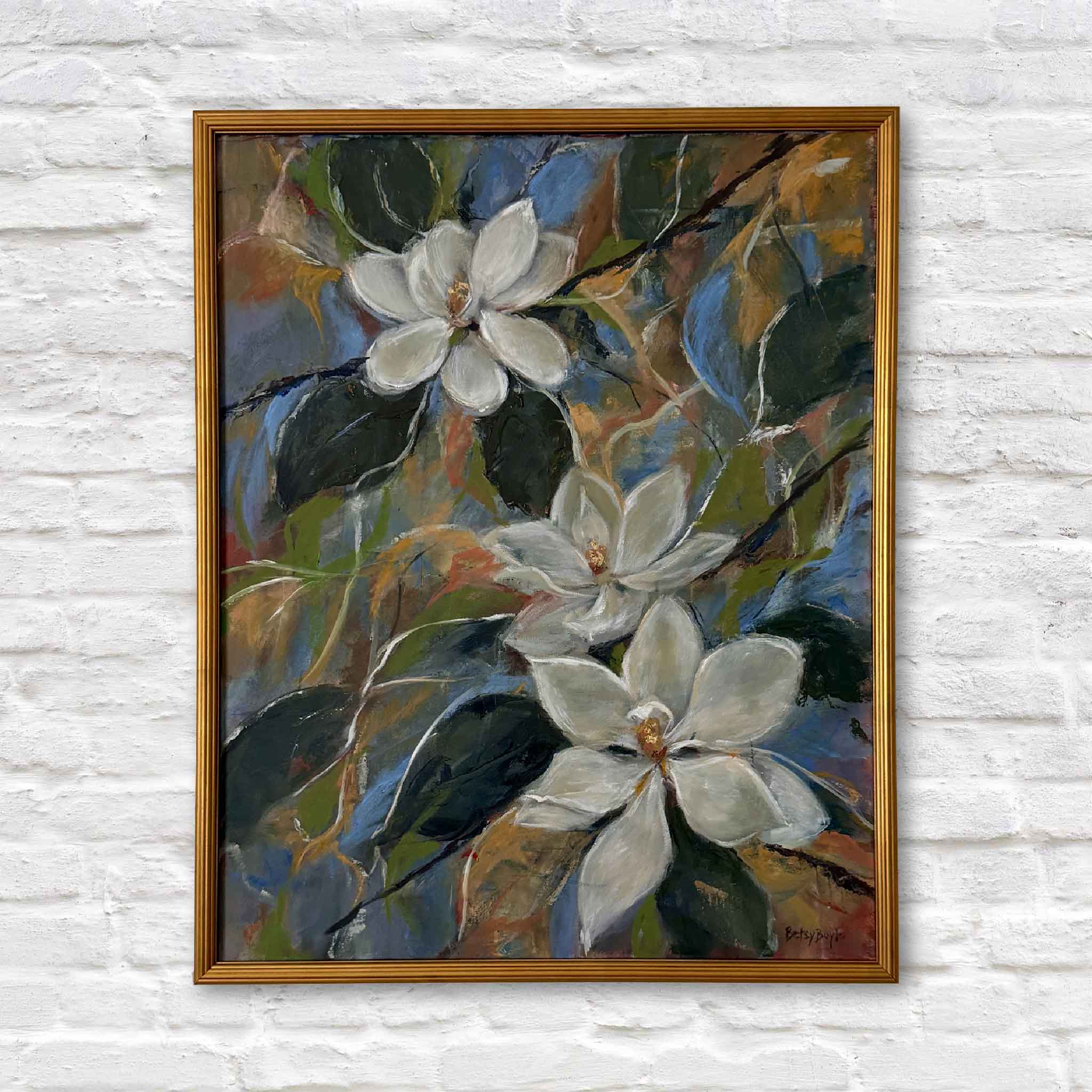 Perfect and Pure original oil painting by Betsy Boyle, framed magnolia floral artwork with white blossoms and layered green-blue background, exclusive to Gray Man Gallery