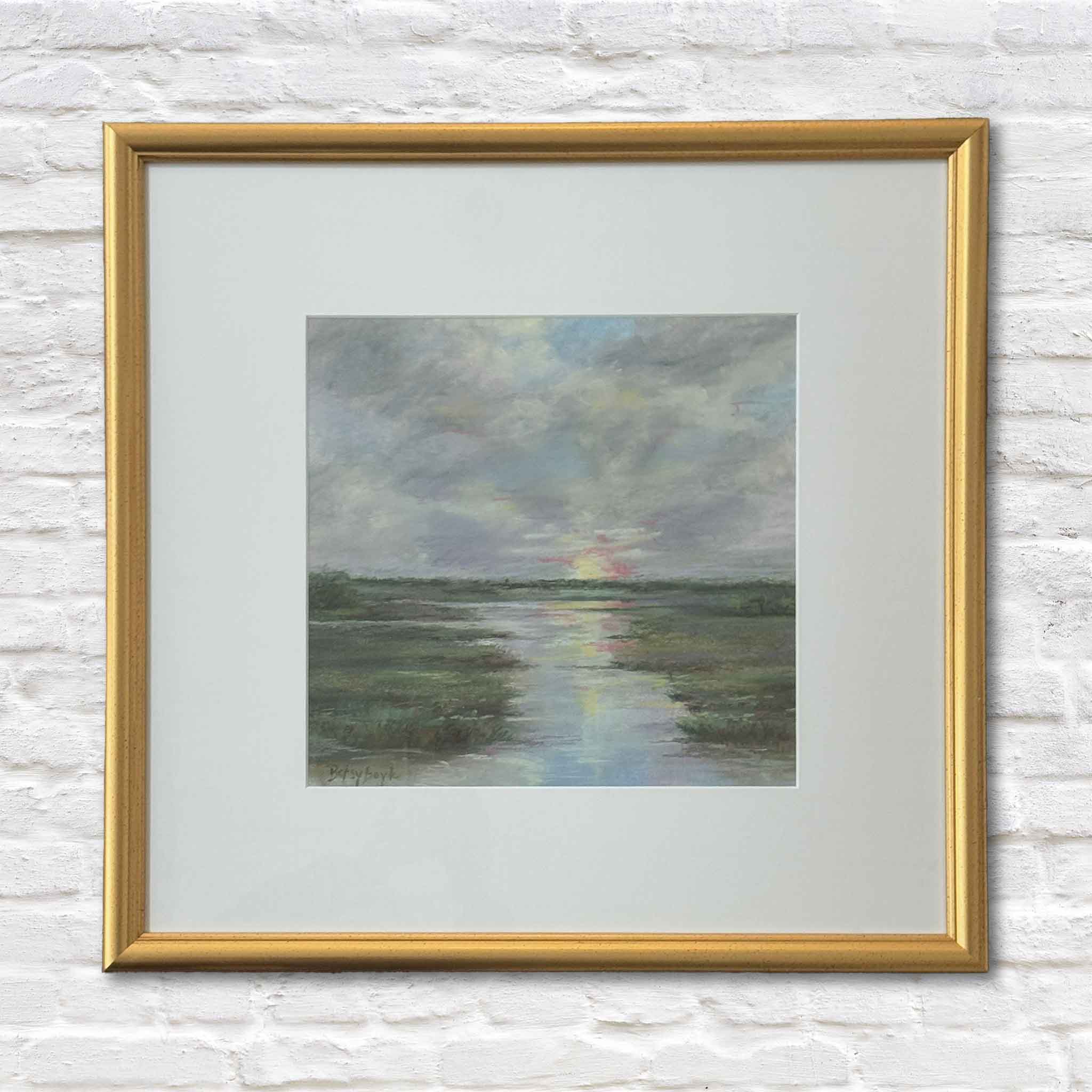 Original pastel Soft Farewell by Betsy Boyle, depicting a quiet Lowcountry marsh at dusk with soft sky tones, reflective water, and custom framing by Gray Man Gallery.