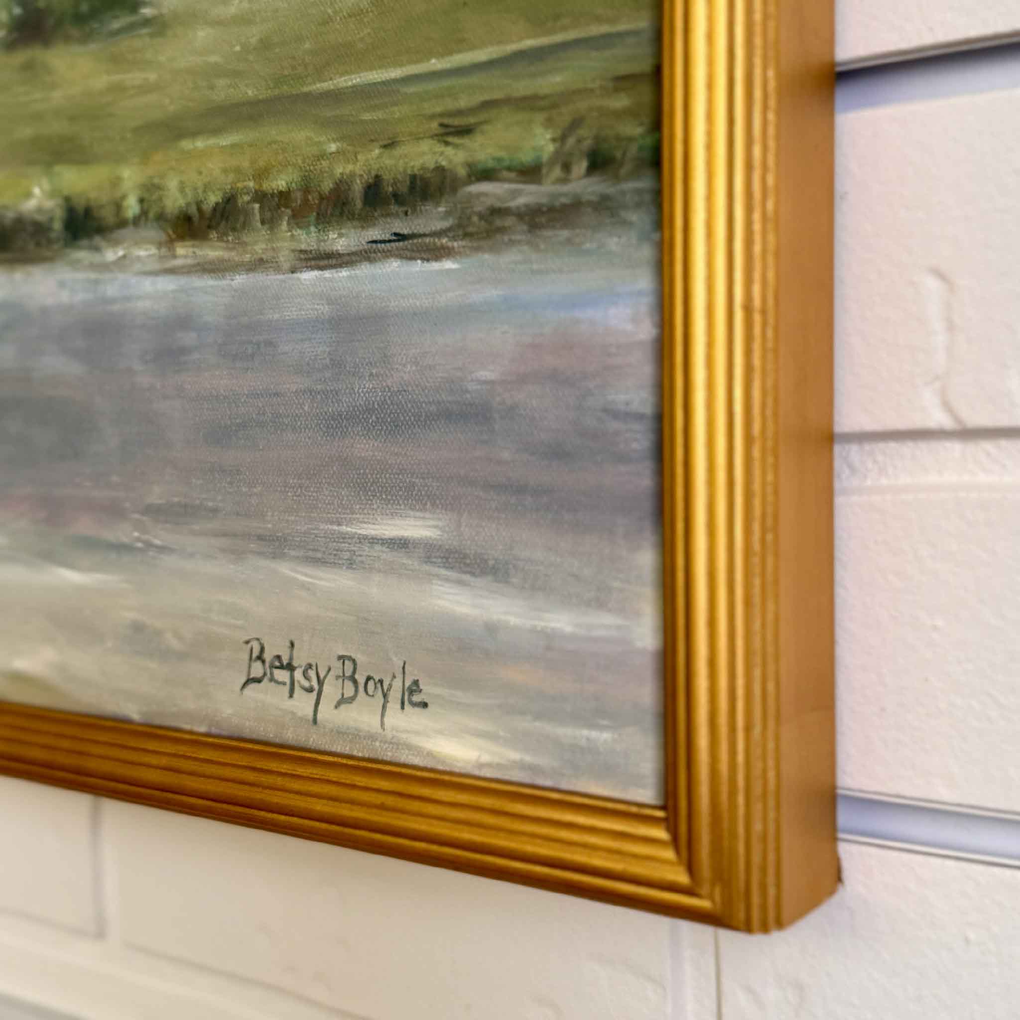 Detail view of Sweet Surrender by Betsy Boyle, highlighting expressive brushwork, soft reflected light, the artist’s signature, and custom framing by Gray Man Gallery.