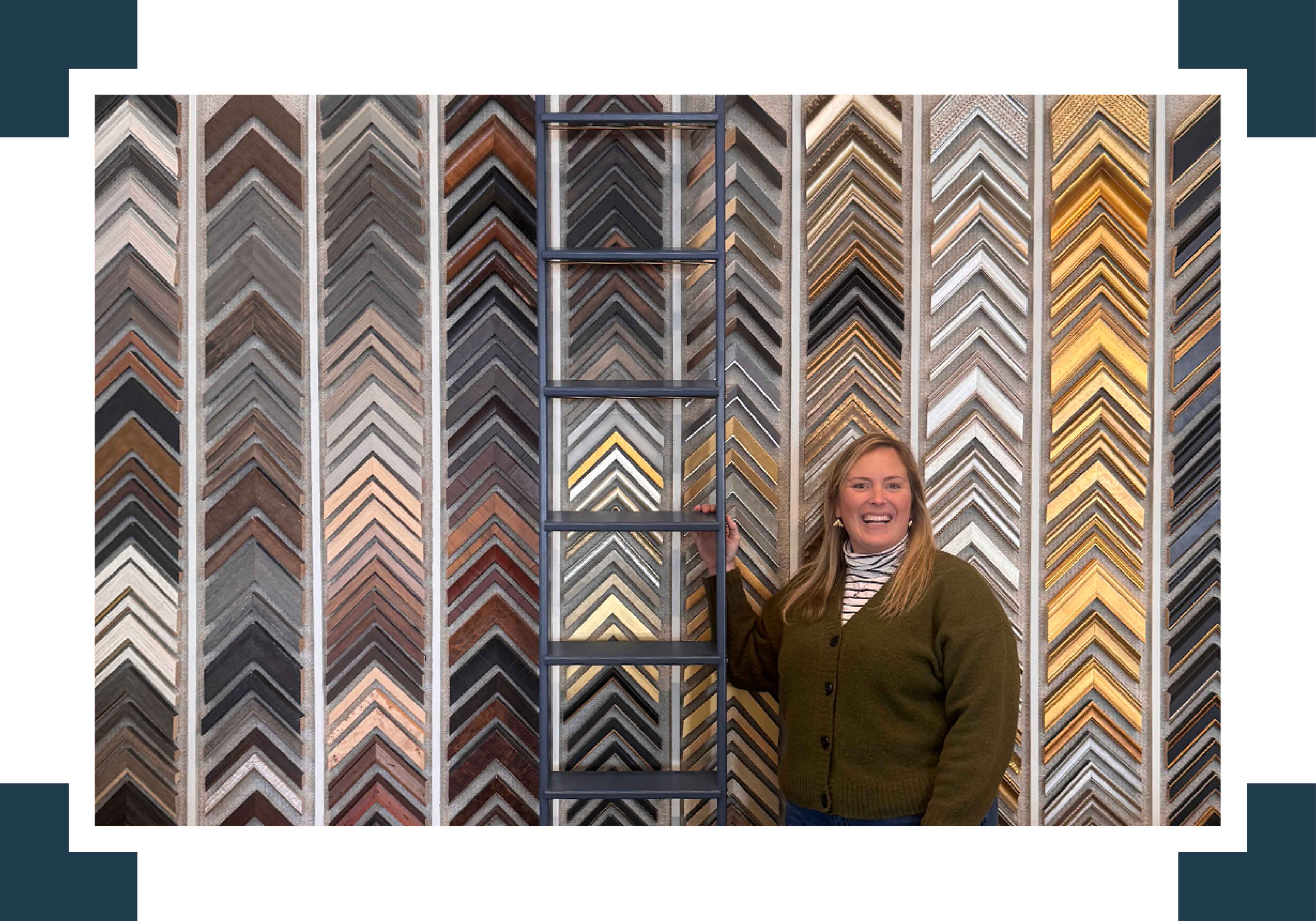 Custom framing design wall at Gray Man Gallery in Pawleys Island, South Carolina, showcasing hundreds of frame styles and the gallery’s in-house framing expertise, where original art, heirlooms, and keepsakes are thoughtfully designed, measured, and finished on site by an experienced local team