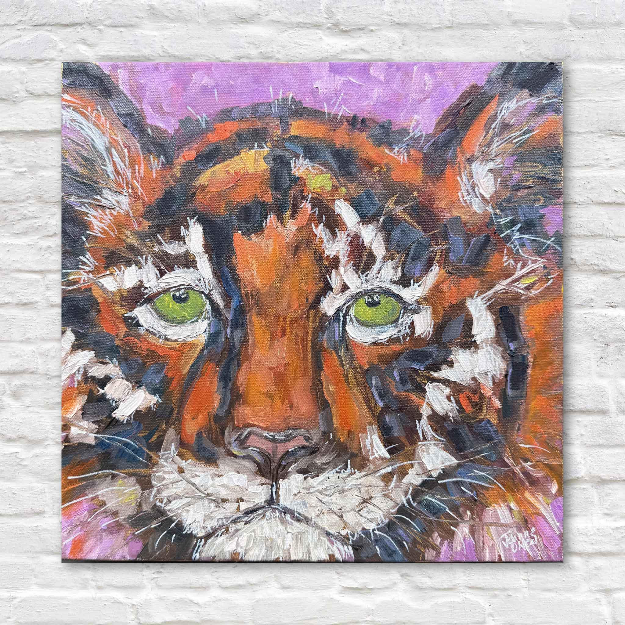 Courage by Jeanne O'Neal, an original tiger oil painting on gallery-wrapped canvas with hand-painted gold edges, available at Gray Man Gallery in Pawleys Island, South Carolina. This expressive wildlife portrait features vivid green eyes, bold palette knife texture, and a vibrant orange and purple color palette that makes a striking statement.