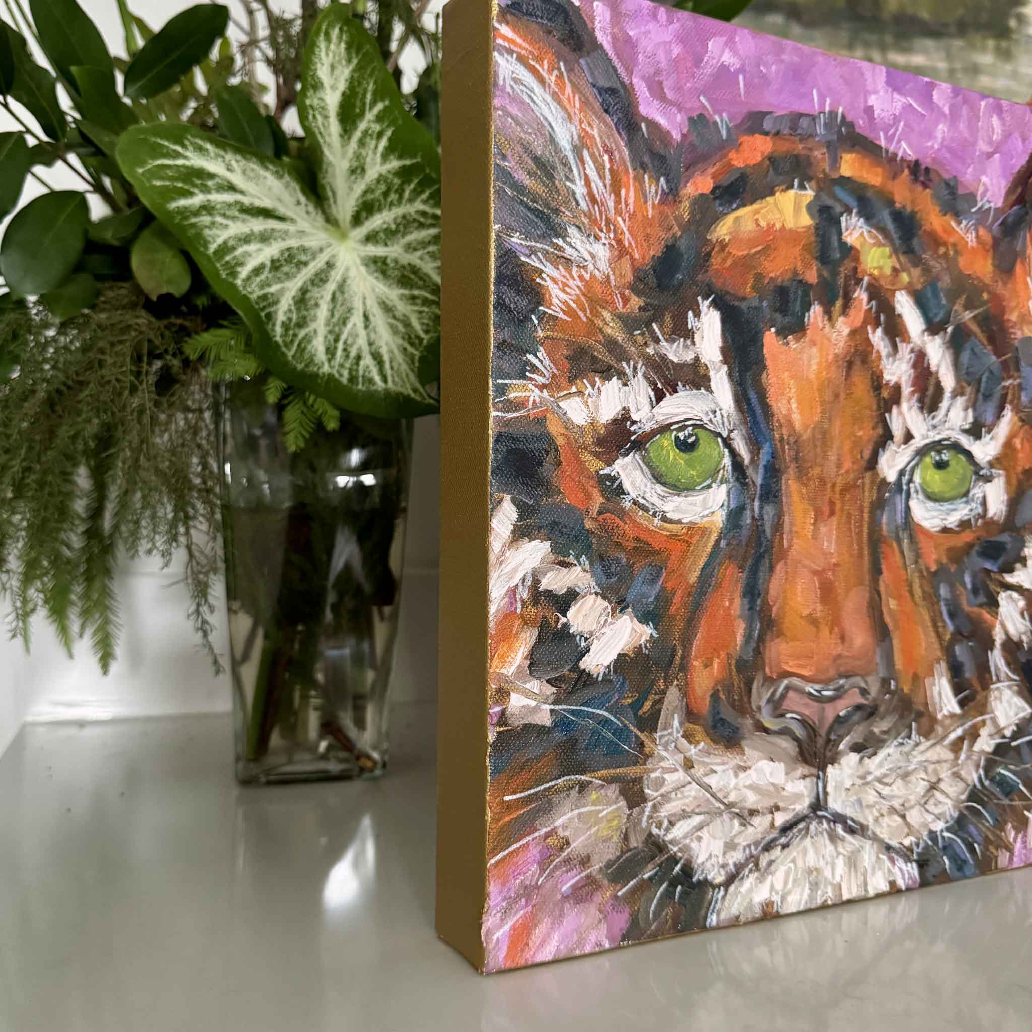Side view of Courage by Jeanne O'Neal showing the hand-painted gold gallery-wrapped edges. Available at Gray Man Gallery in Pawleys Island, South Carolina, this original tiger oil painting is ready to hang and showcases the artist's richly textured brushwork and contemporary presentation.