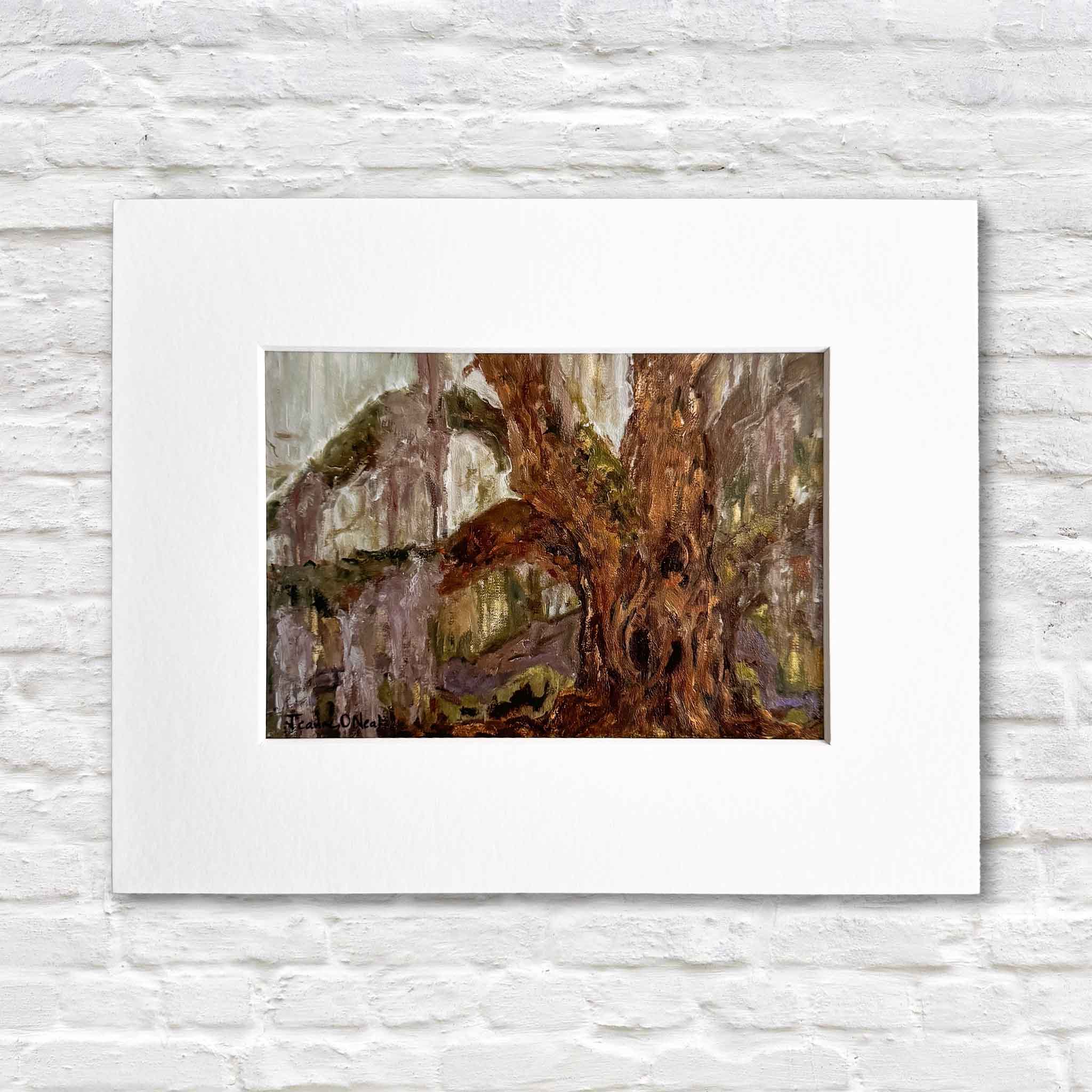 Honesty is an 8x10 fine art giclée by Jeanne O’Neal, matted and featuring a richly textured tree trunk and woodland scene from her Among the Trees collection.