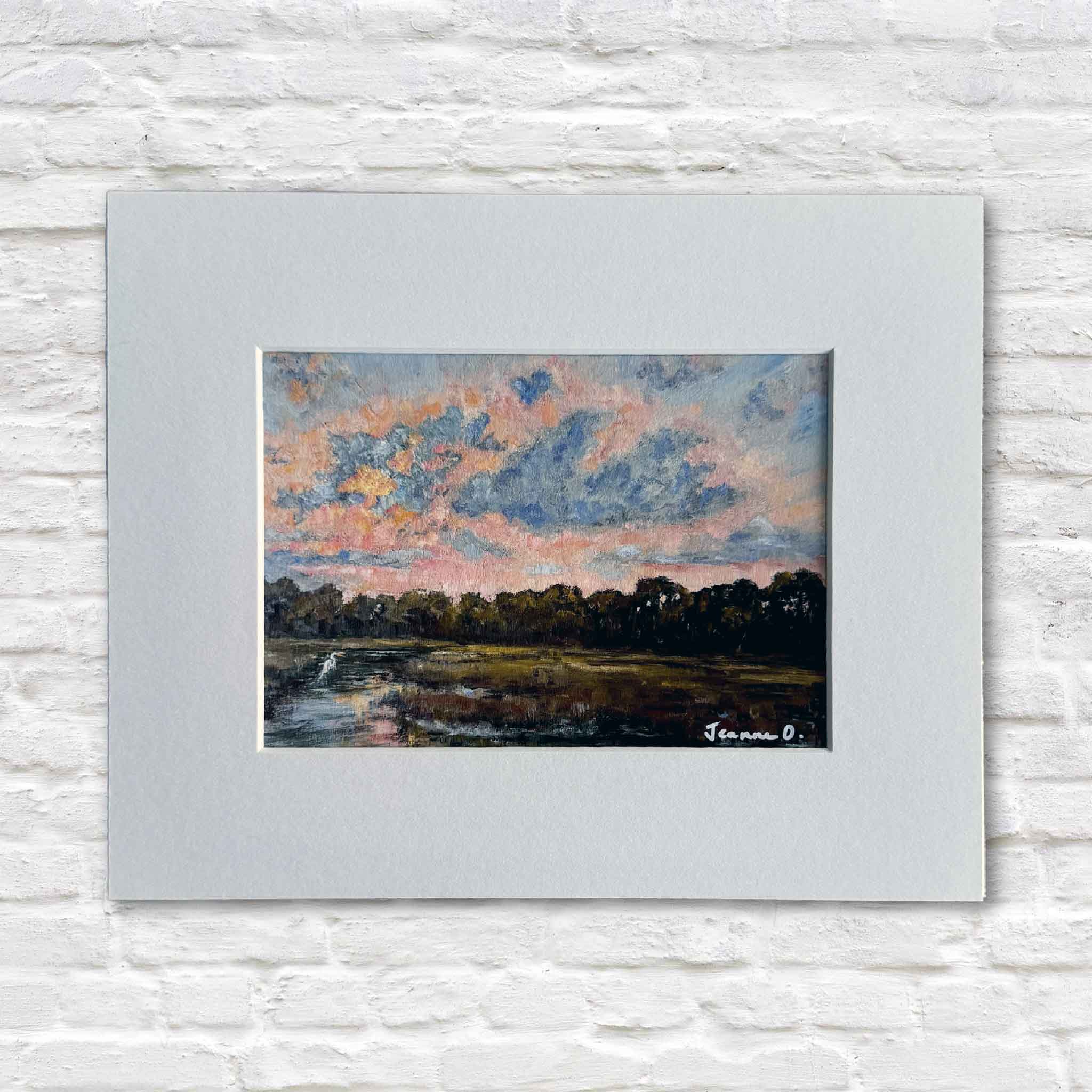 An 8×10 matted giclée of Pawleys Marsh by Jeanne O’Neal, showing a peaceful Lowcountry marsh with reflective water and a softly clouded evening sky.