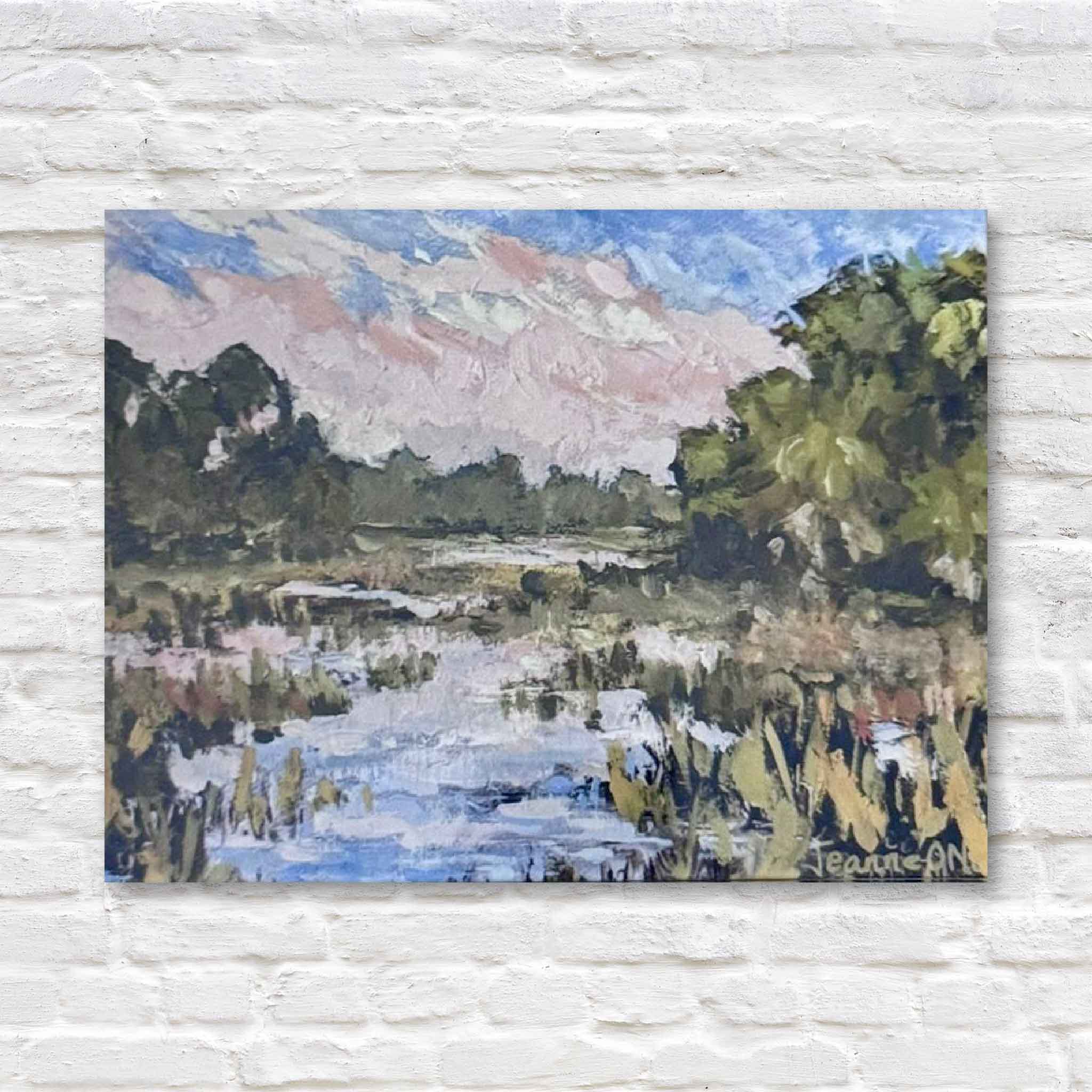 Set of five notecards featuring a print of an original painting by Jeanne O’Neal. The serene marsh scene, soft pastel skies, and painterly brushstrokes capture the charm of Pawleys Island in every card.