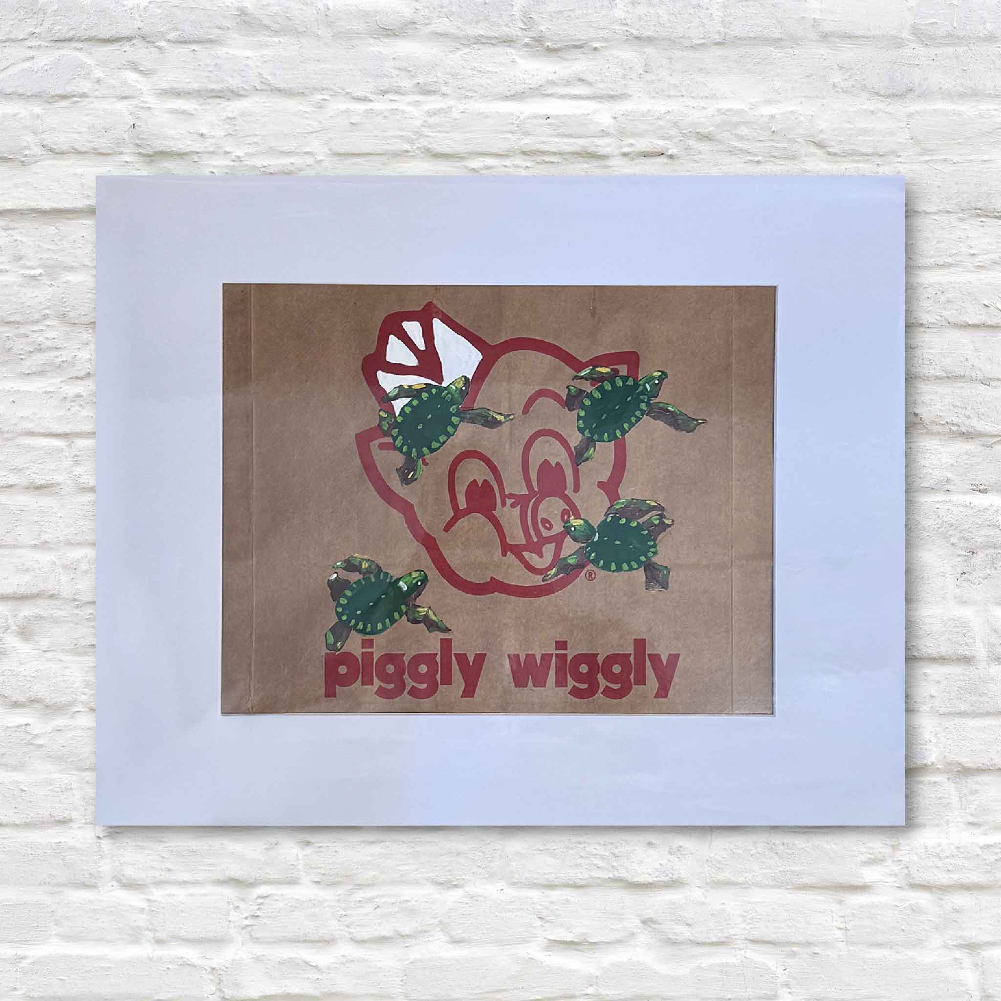 Original Piggly Wiggly turtles artwork by Lowcountry artist Jenny Reynolds, hand-painted on a vintage paper grocery bag with playful sea turtles over the classic pig logo, photographed at Gray Man Gallery.