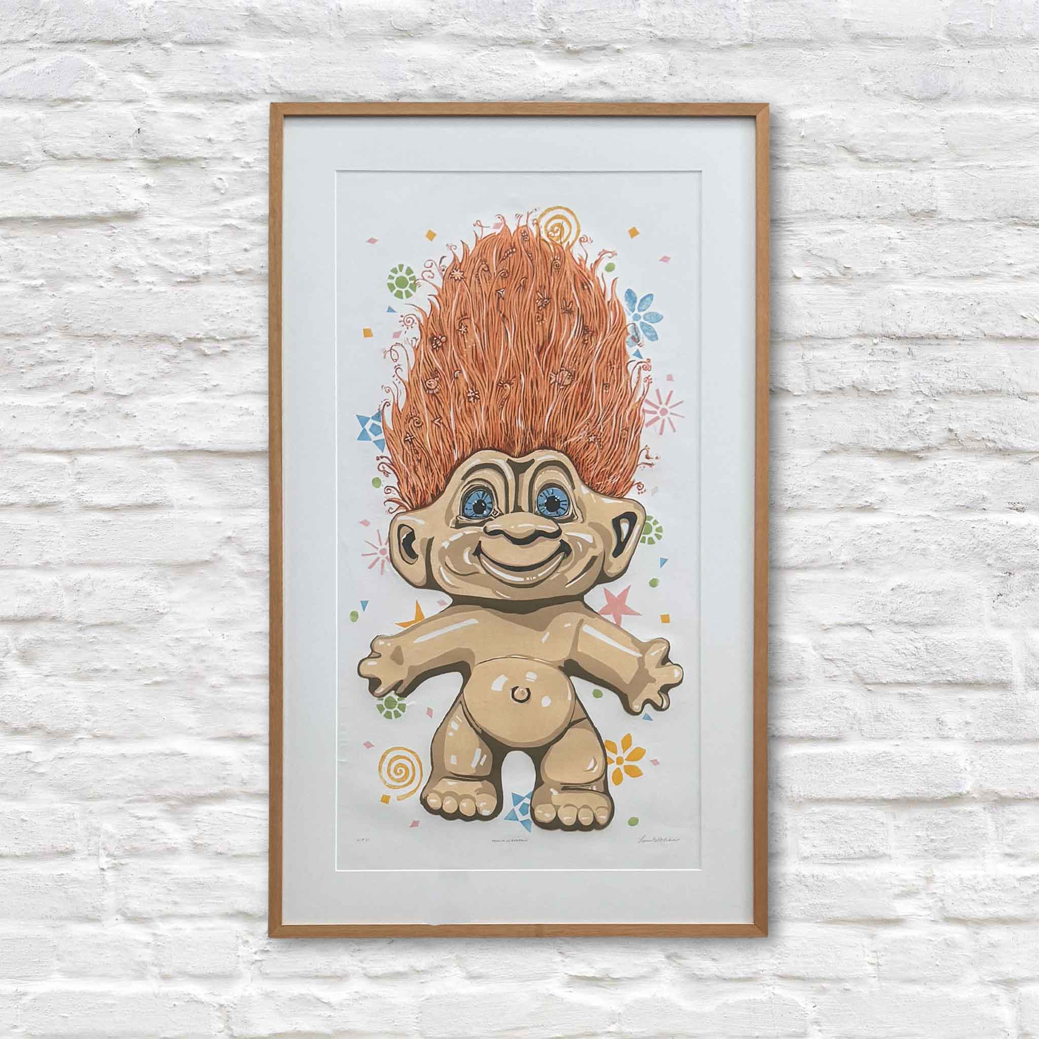 Hair Up (Pumpkin) by Laurie McIntosh, a framed linocut reduction print featuring a playful vintage troll doll with tall orange hair, bold linework, and nostalgic folk-art charm, shown at Gray Man Gallery.