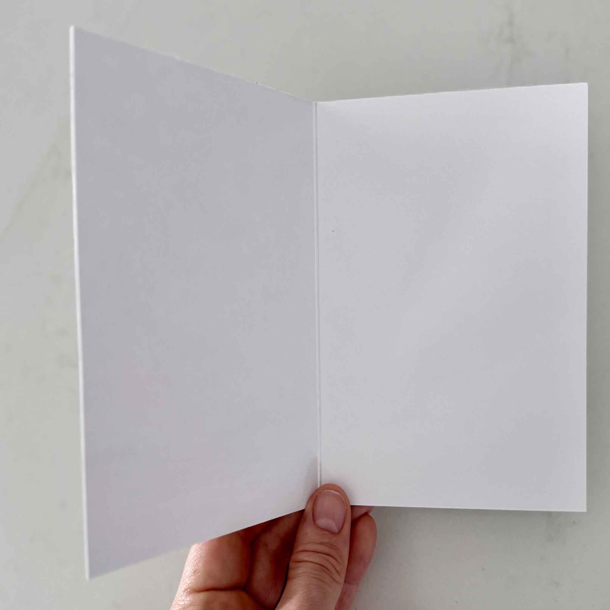 Open notecard showing blank interior, featuring artwork by local artist Jeanne O’Neal, available at Gray Man Gallery.