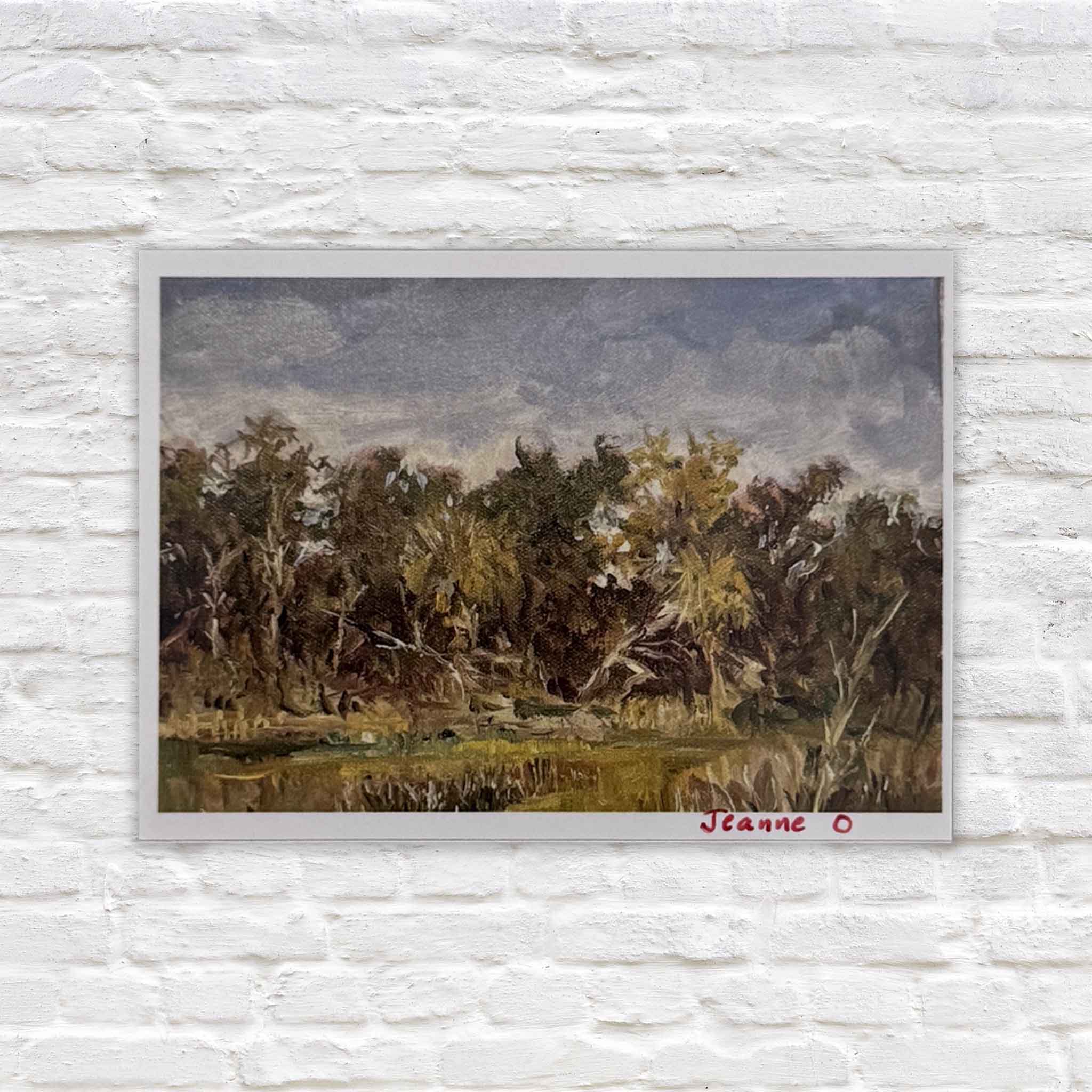 Surprise! II acrylic block by local artist Jeanne O’Neal, featuring a Lowcountry marsh scene with layered coastal trees and soft reflections, available at Gray Man Gallery.