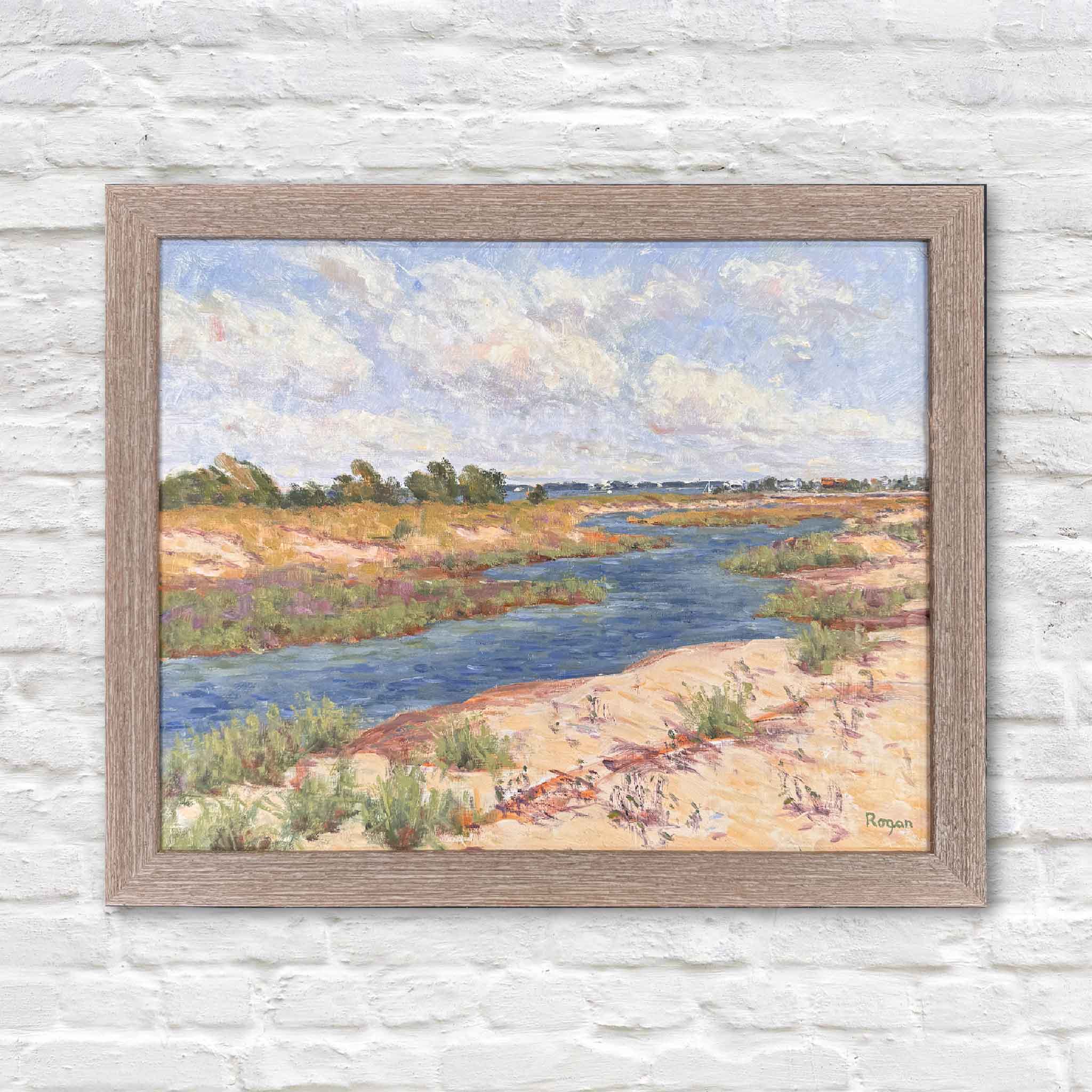 Original oil painting of Blue Creek at Huntington Beach State Park by local artist Michael Rogan, featuring a winding tidal creek, sandy banks, and Lowcountry marsh landscape, framed and available at Gray Man Gallery.