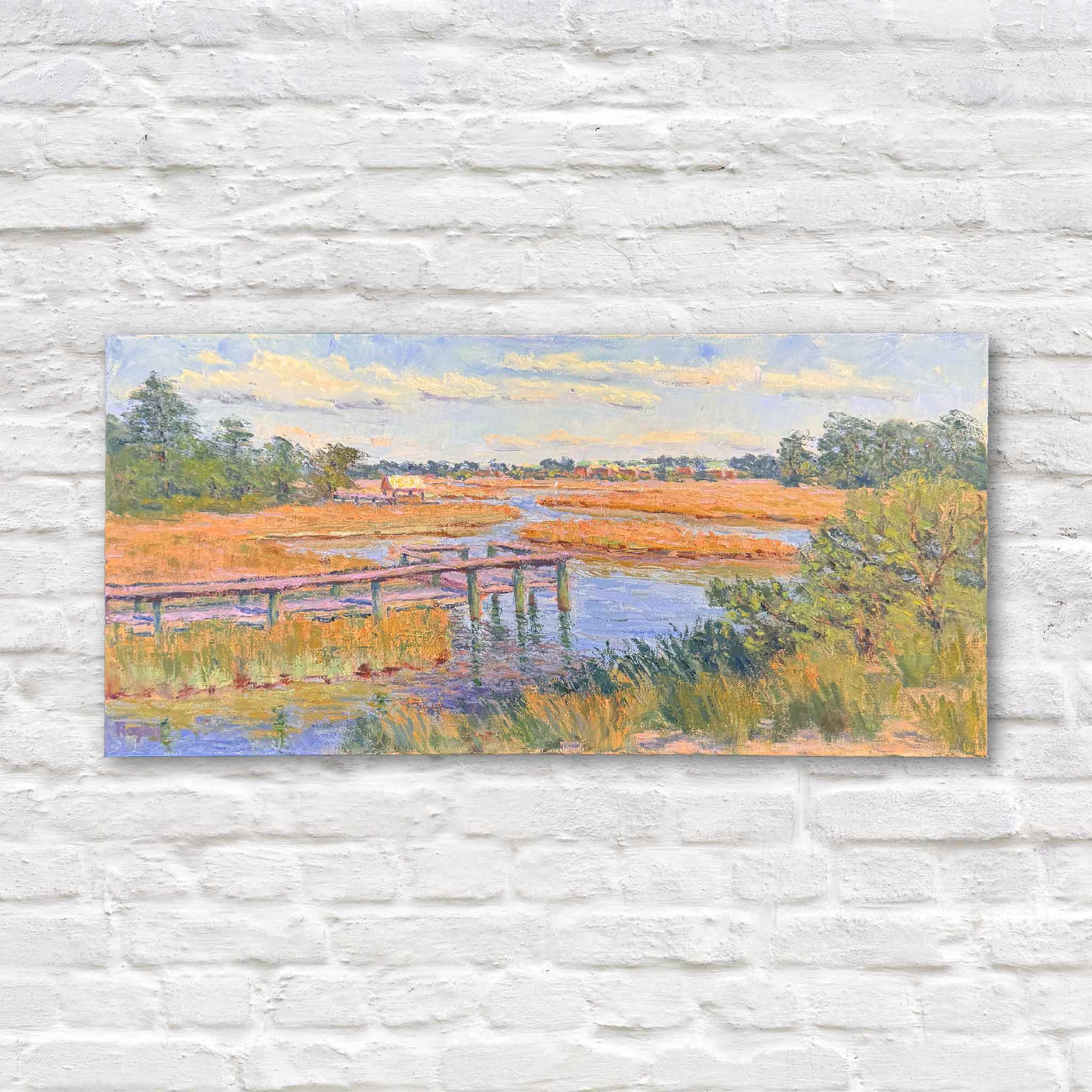 Gallery-wrapped original oil painting South Litchfield Causeway by local artist Michael Rogan, depicting a marsh and tidal creek near Pawleys Island, South Carolina.