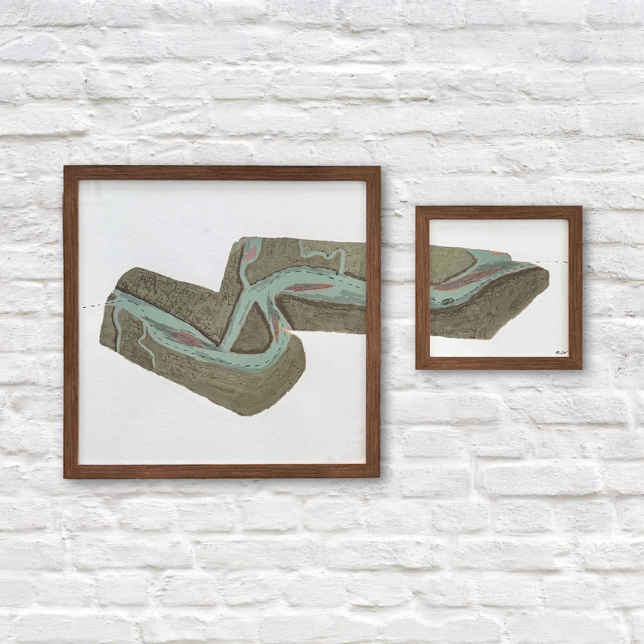 Aids to Navigation, a two-piece acrylic and ink installation by Maggie Pelton inspired by drone imagery and navigation paths through Crabhaul Creek, shown custom framed by Gray Man Gallery and available as a paired set.