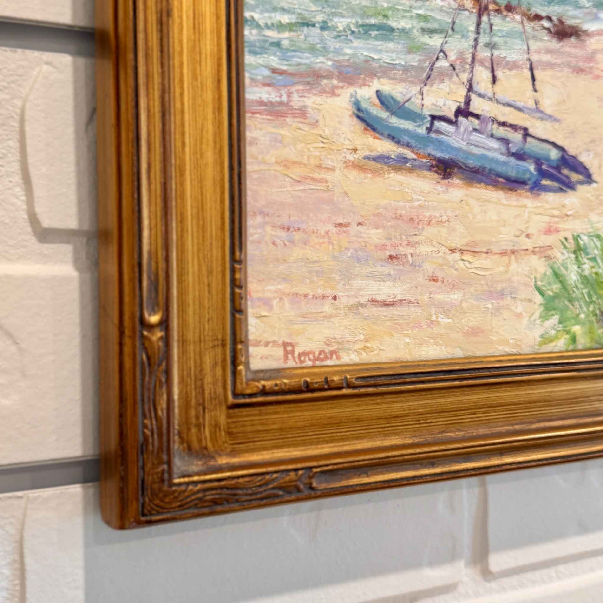 Detail view of Catamaran on Pawleys by Michael Rogan, highlighting expressive brushwork, coastal textures, and the catamaran resting along the sandy shoreline.
