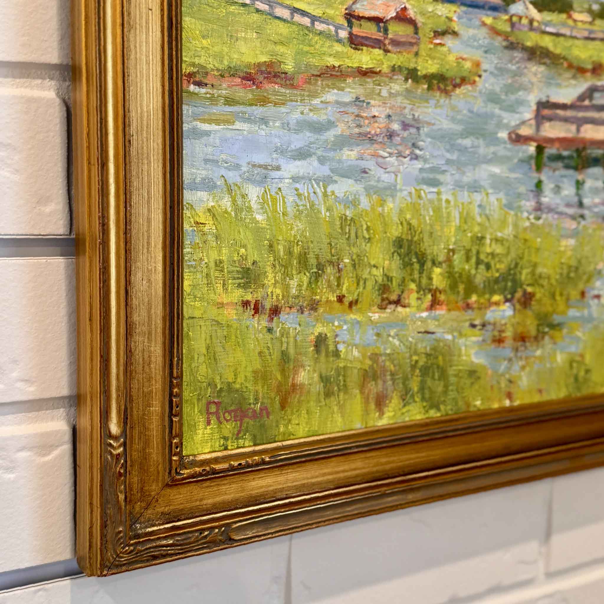 Close-up detail of Creek Side by Michael Rogan at Gray Man Gallery, highlighting expressive oil brushwork, marsh textures, and the warm antiqued gold frame.