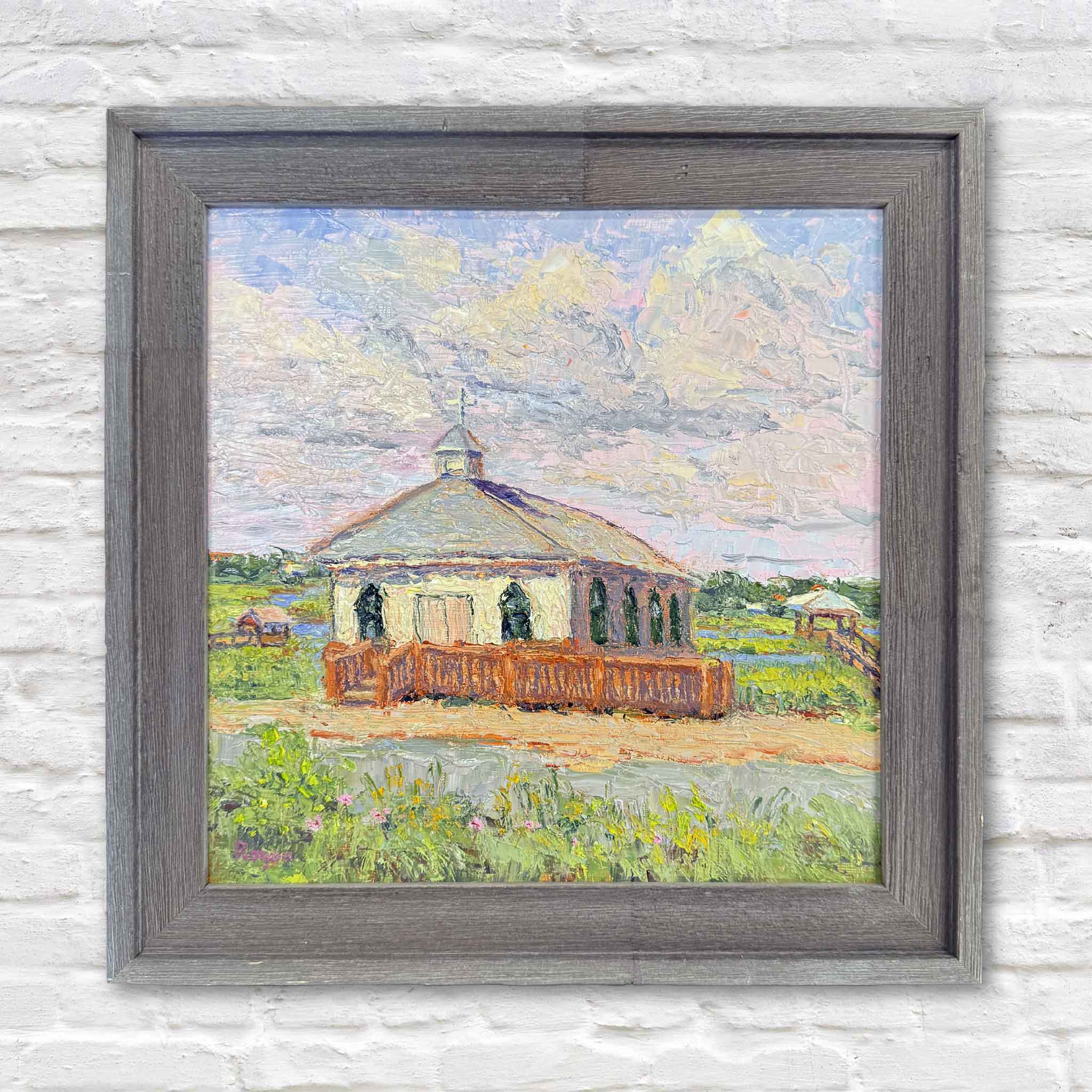 Original 12x12 oil painting of the Pawleys Island Chapel by local artist Michael Rogan, professionally framed and available at Gray Man Gallery in Pawleys Island, South Carolina.