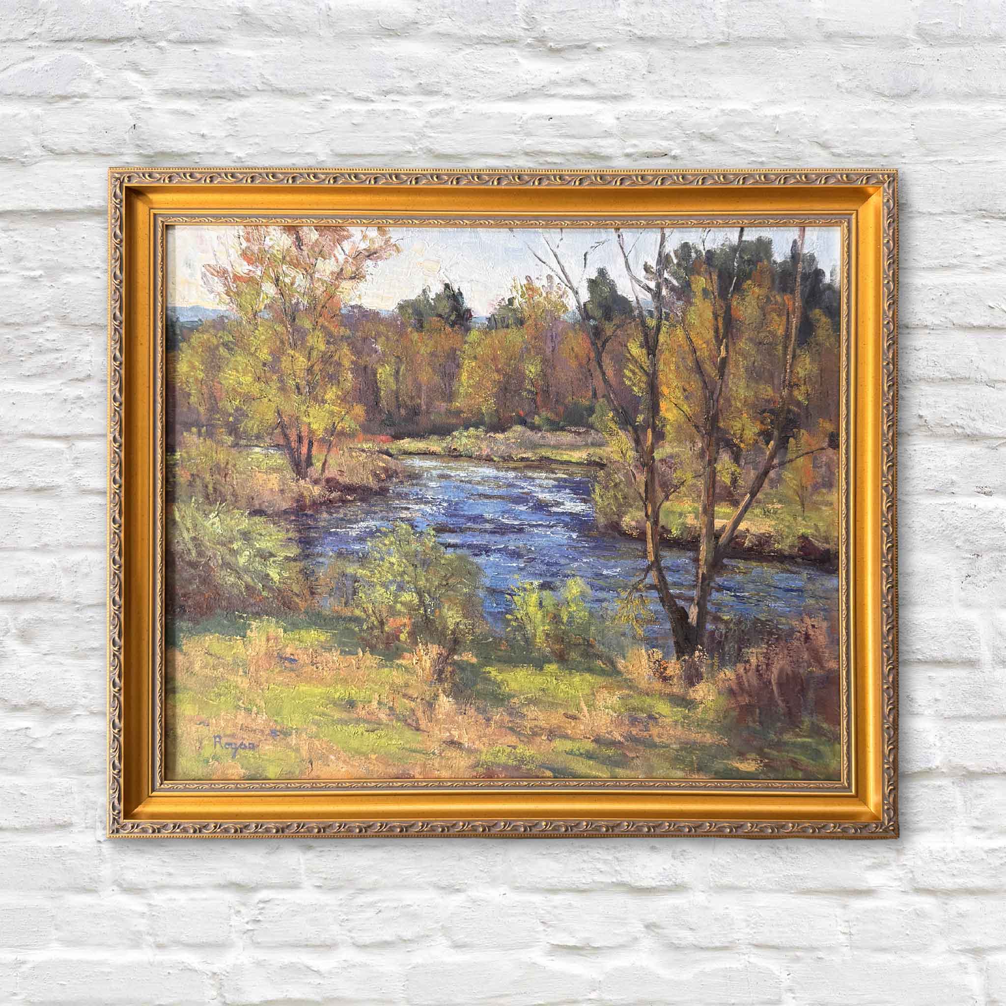 Original oil painting Quiet Bend of the River by local artist Michael Rogan, a 24x20 landscape depicting a winding river, autumn trees, and soft natural light, presented by Gray Man Gallery.