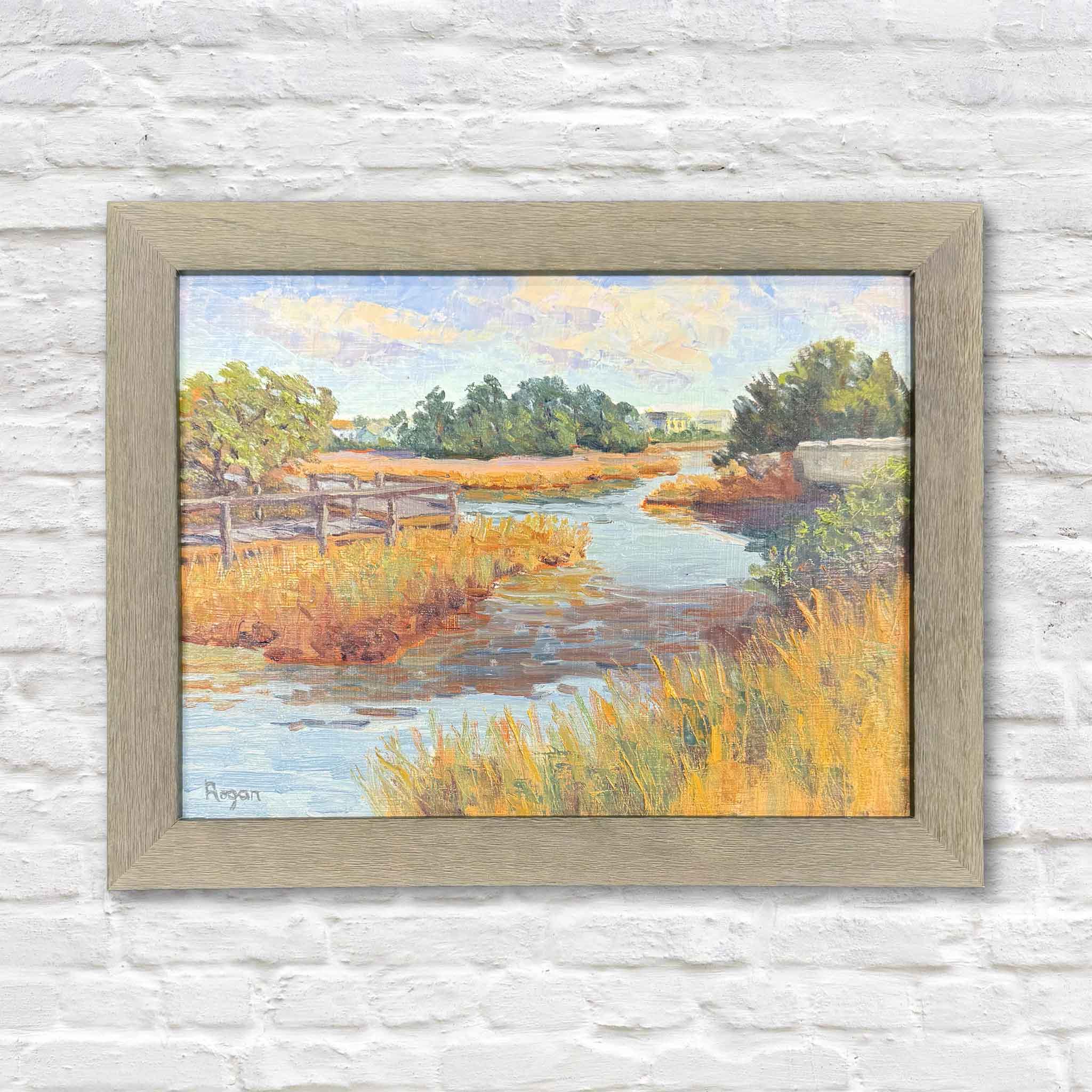 Original oil painting by local artist Michael Rogan depicting the South Litchfield Causeway marsh in Pawleys Island, with winding tidal creek and golden Lowcountry grasses.